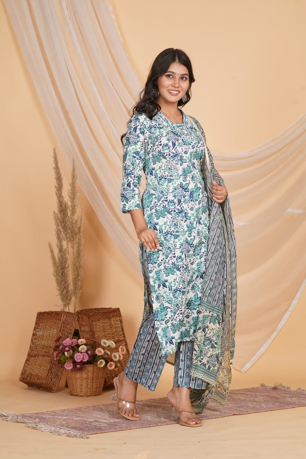 BLUE PRINTED EMBROIDERED NECK 3 PC