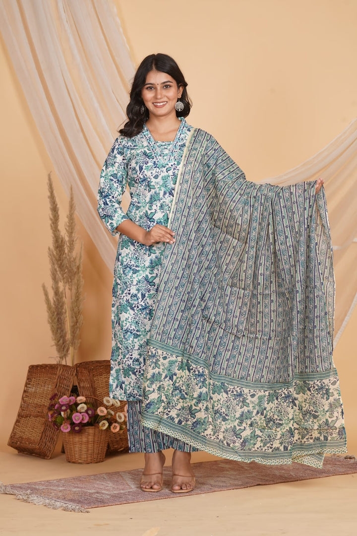 BLUE PRINTED EMBROIDERED NECK 3 PC