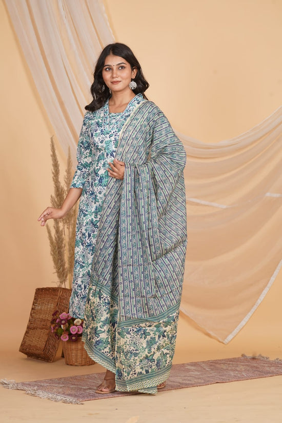 BLUE PRINTED EMBROIDERED NECK 3 PC