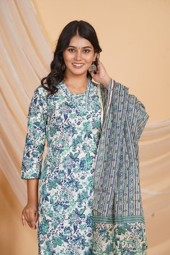 BLUE PRINTED EMBROIDERED NECK 3 PC