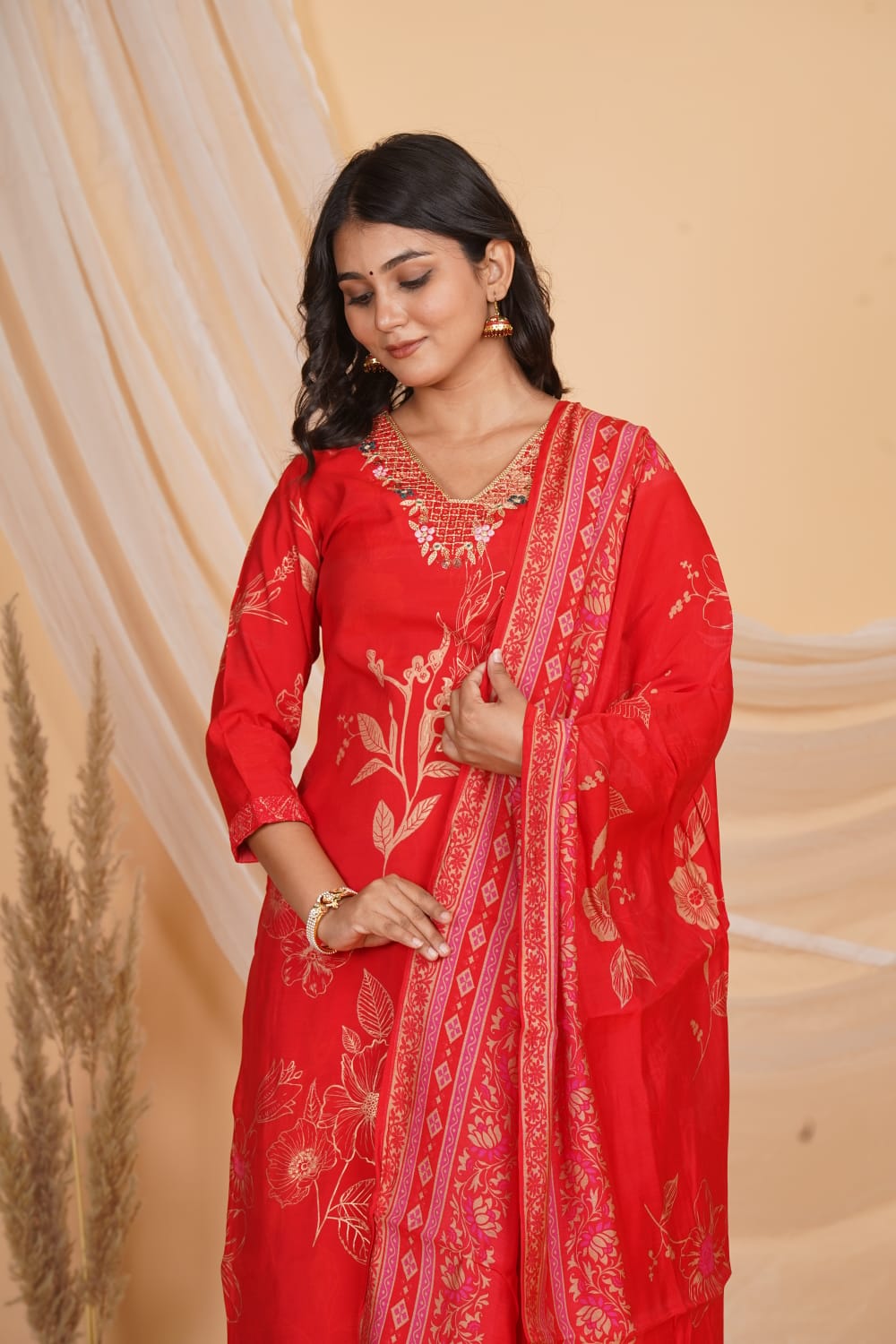 RED ROMAN SLIK EMBROIDERED 3 PC