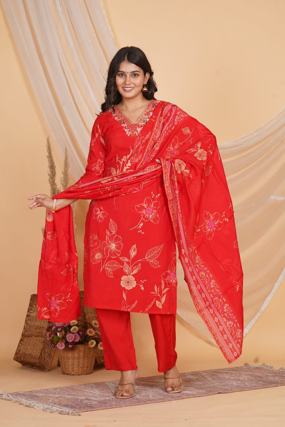 RED ROMAN SLIK EMBROIDERED 3 PC