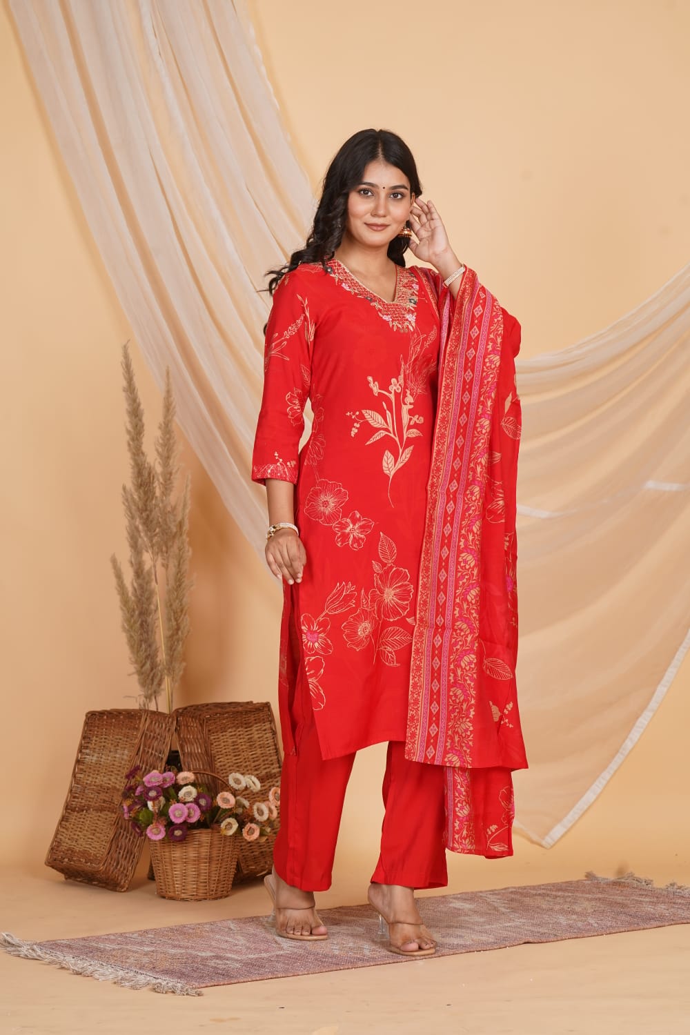 RED ROMAN SLIK EMBROIDERED 3 PC
