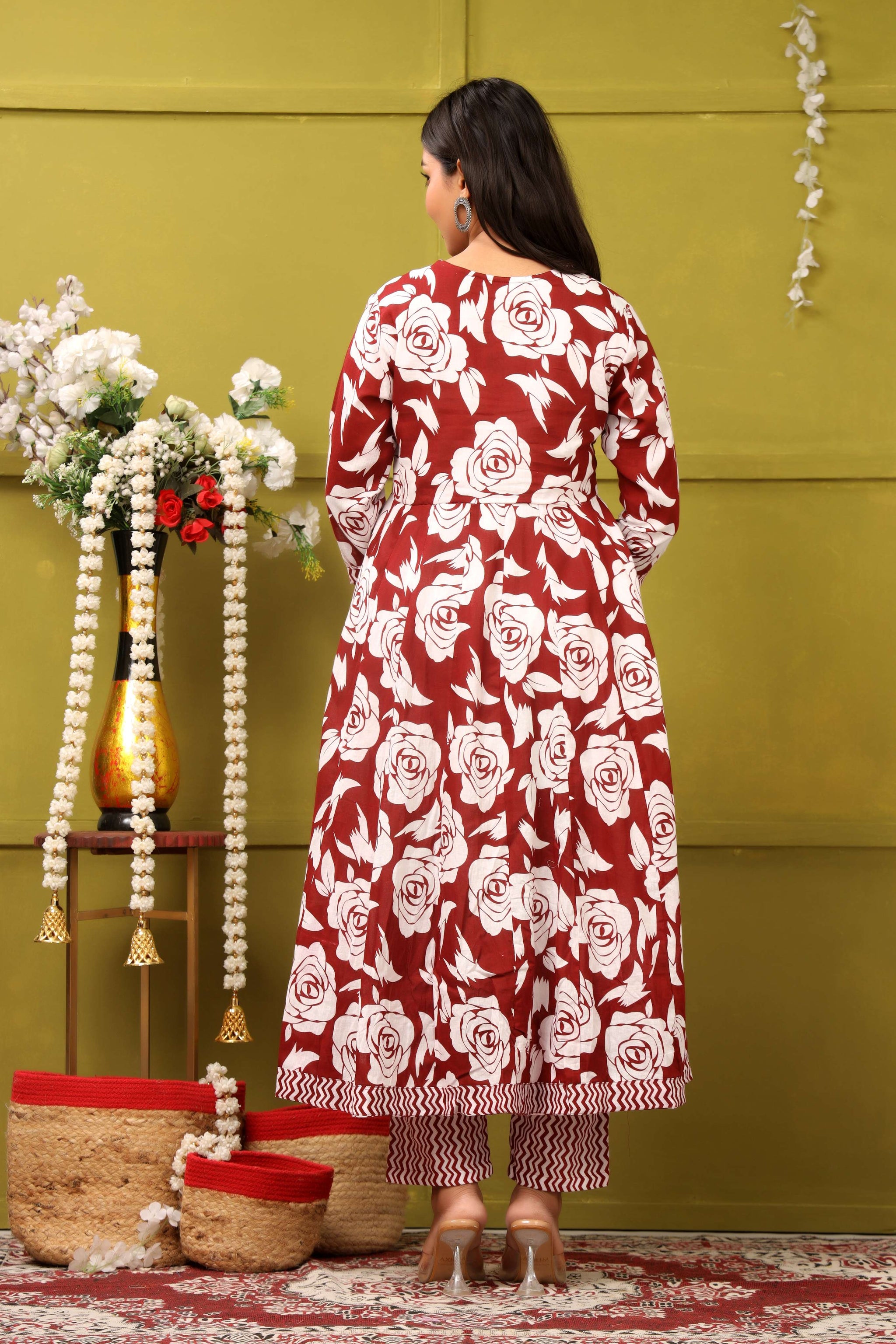 RED FLORAL PRINT ADDA WORK ANARKALI