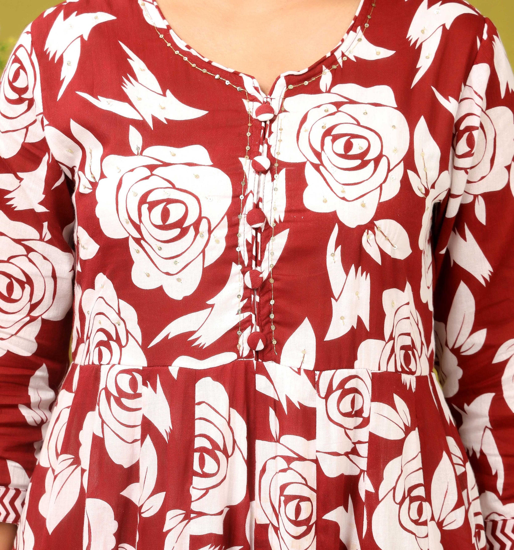 RED FLORAL PRINT ADDA WORK ANARKALI