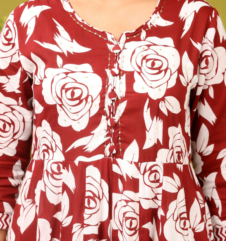 RED FLORAL PRINT ADDA WORK ANARKALI