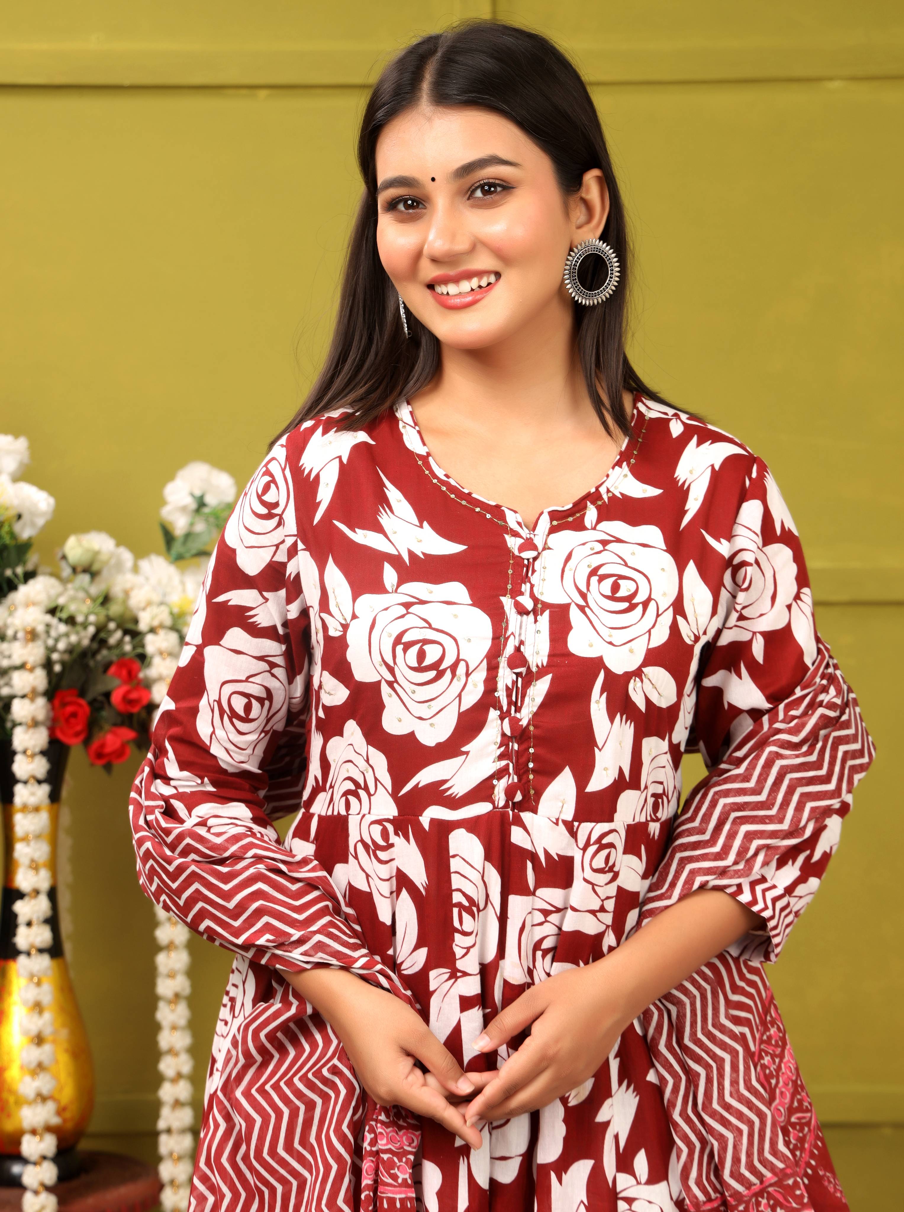 RED FLORAL PRINT ADDA WORK ANARKALI