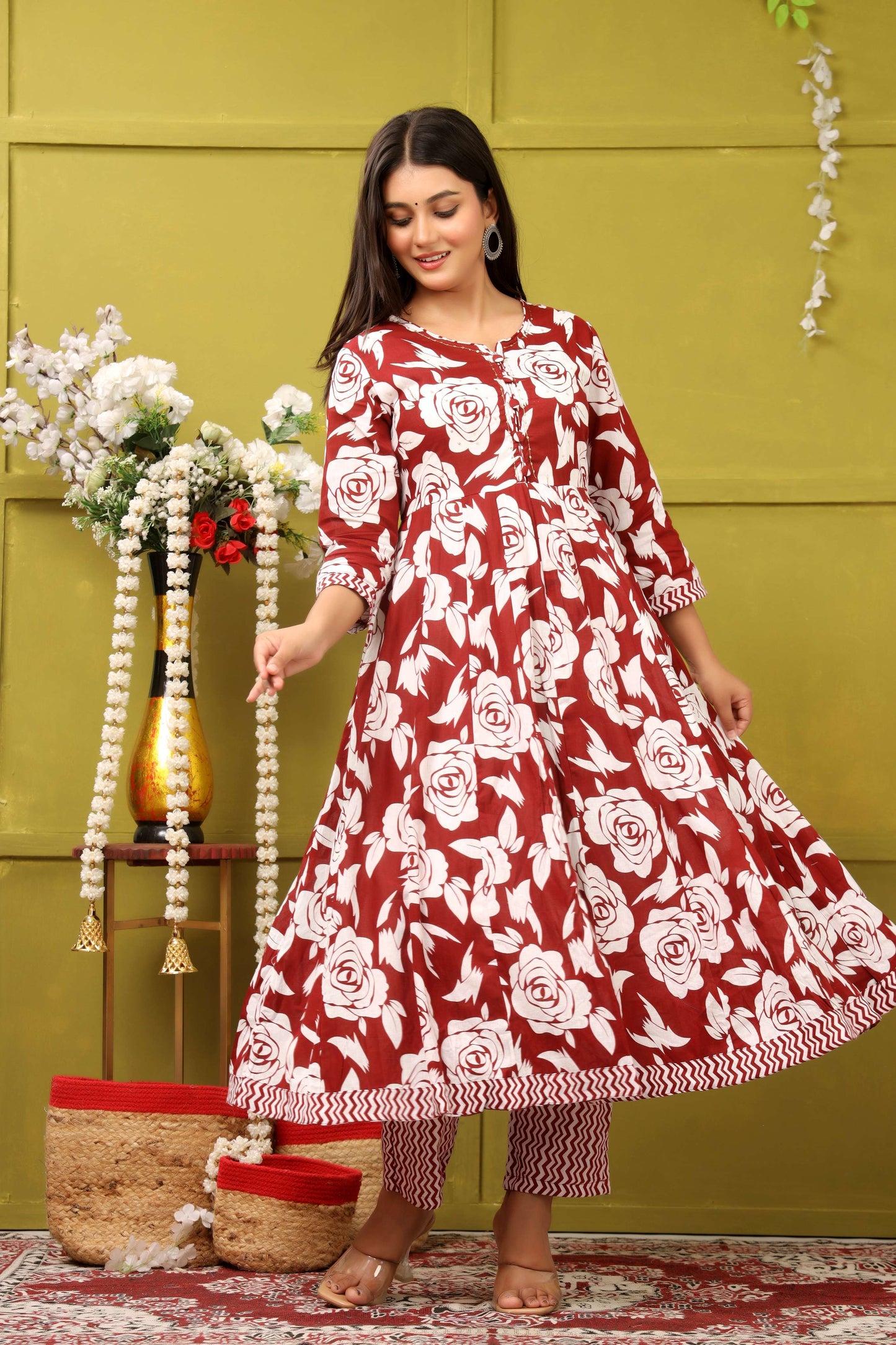 RED FLORAL PRINT ADDA WORK ANARKALI