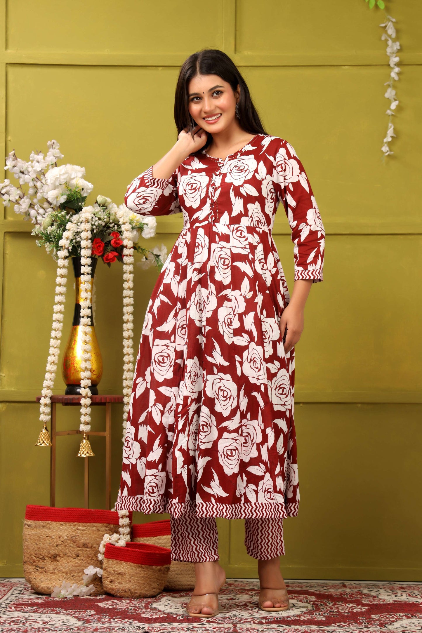 RED FLORAL PRINT ADDA WORK ANARKALI