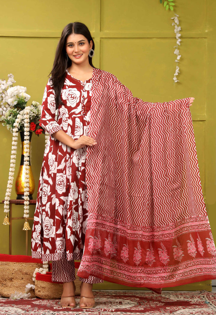 RED FLORAL PRINT ADDA WORK ANARKALI