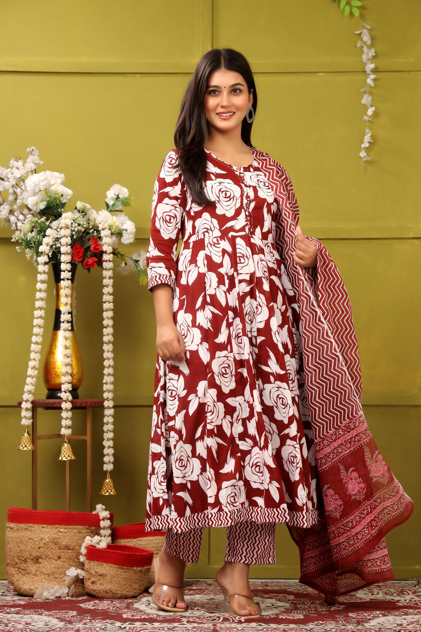 RED FLORAL PRINT ADDA WORK ANARKALI