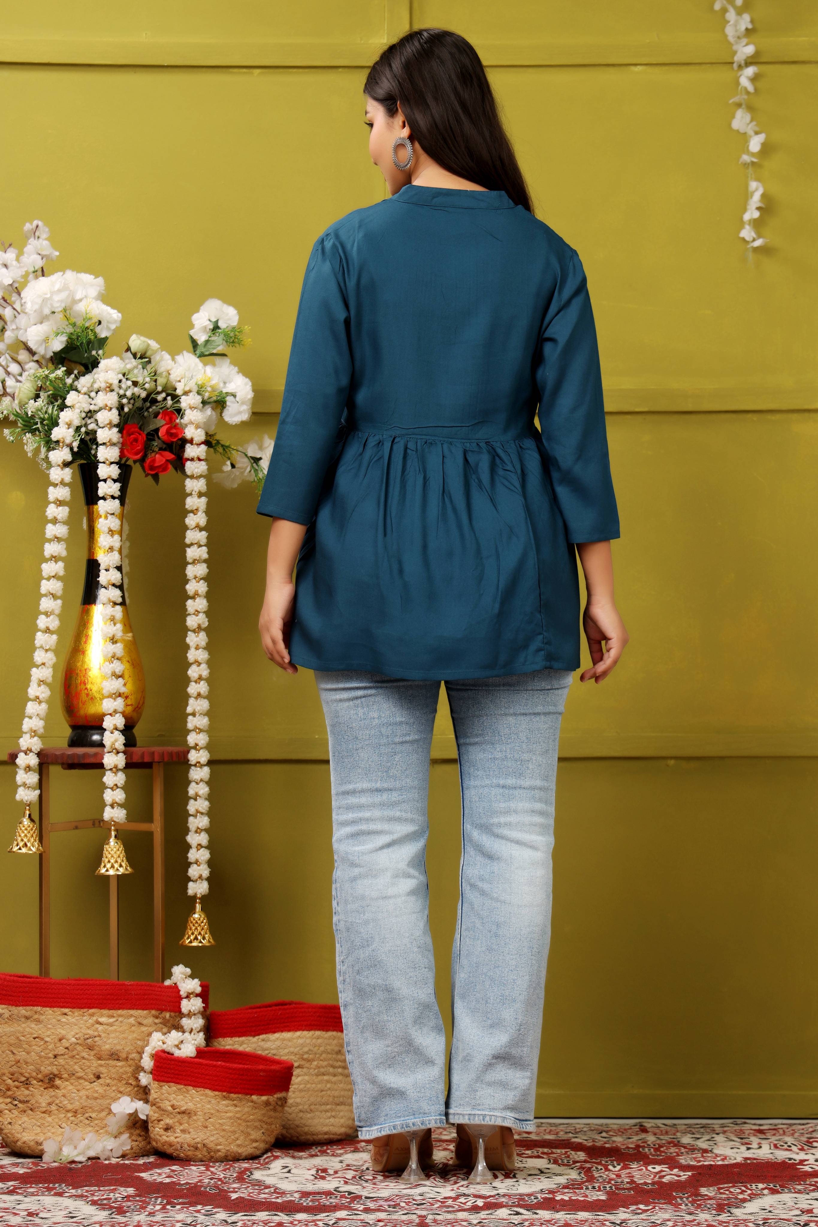 TEAL BLUE SHORT TOP RAYON