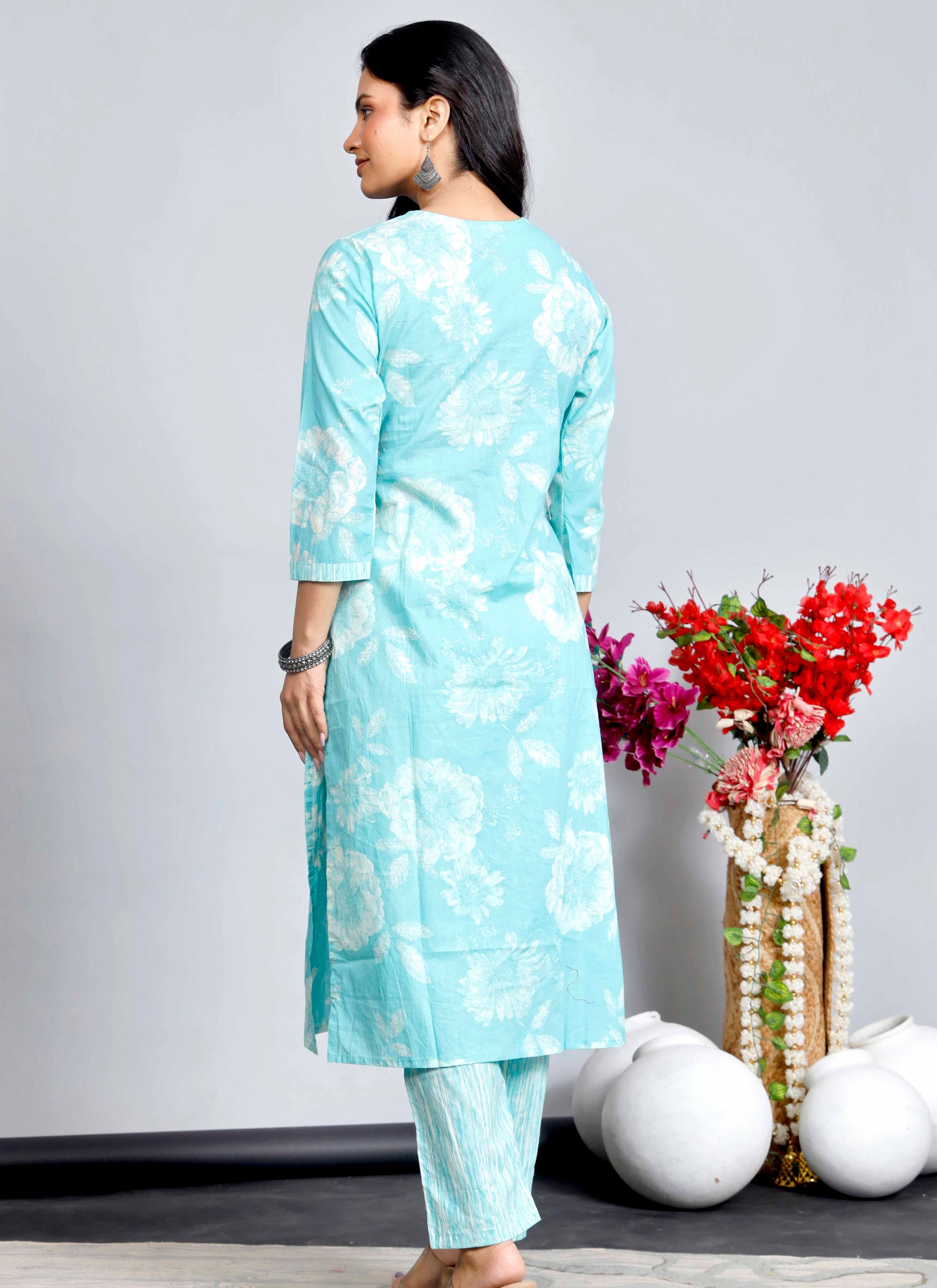 Blue Floral Cotton Kurta Set with Printed Dupatta – Traditional Ethnic Wear for Women