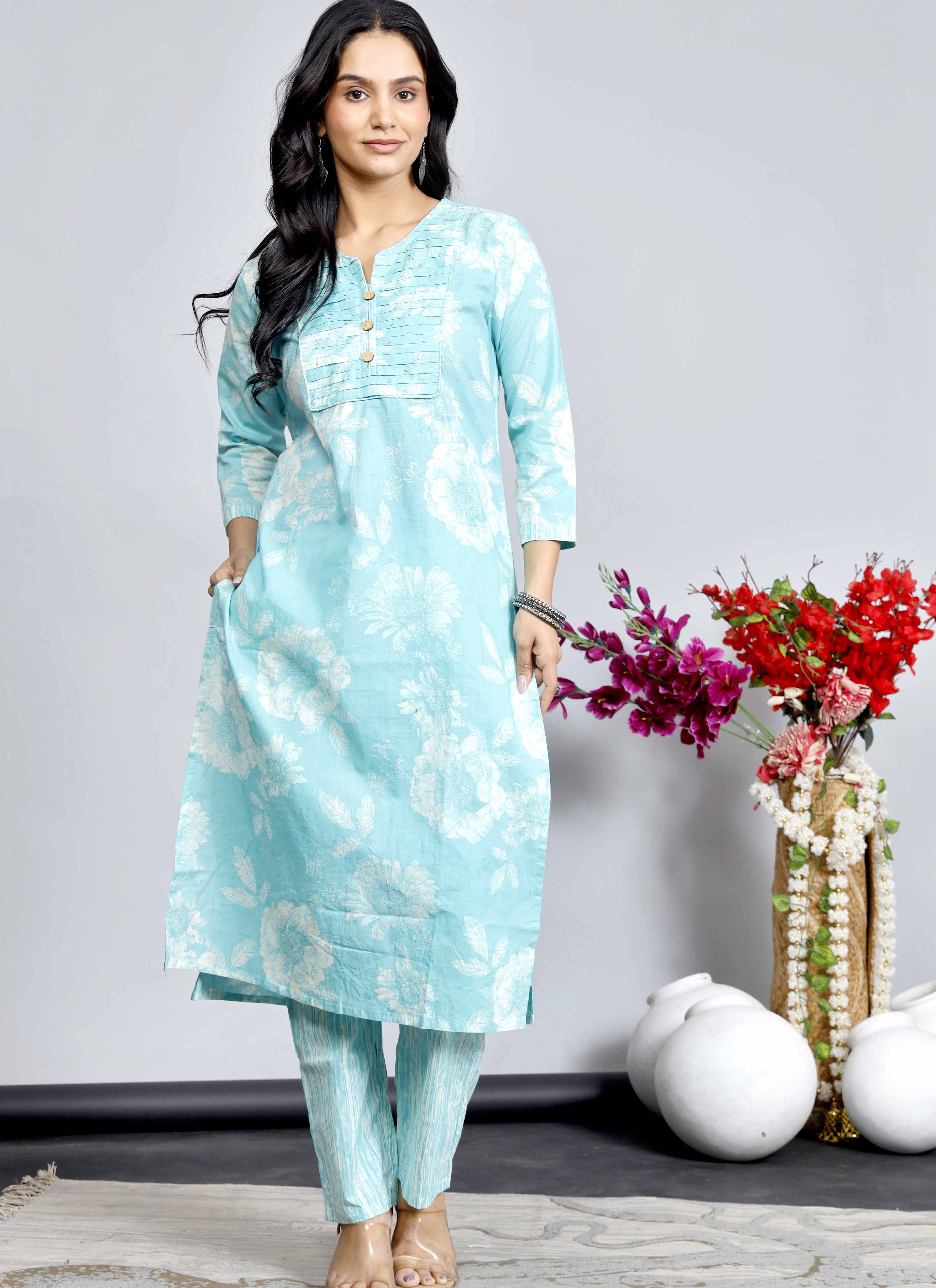 Blue Floral Cotton Kurta Set with Printed Dupatta – Traditional Ethnic Wear for Women