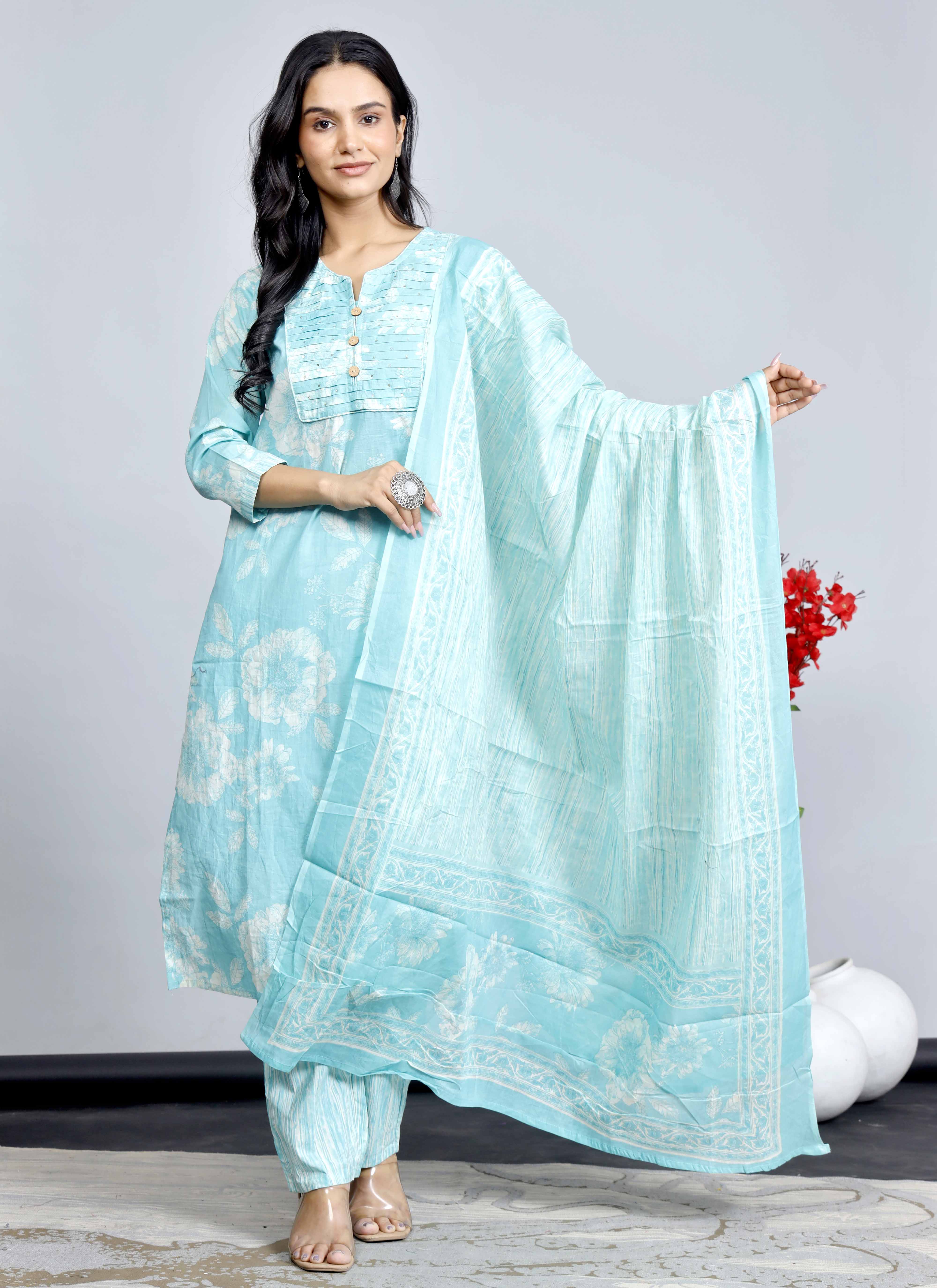 Blue Floral Cotton Kurta Set with Printed Dupatta – Traditional Ethnic Wear for Women