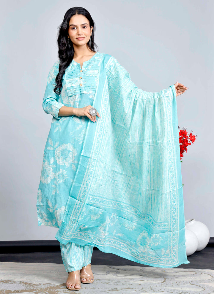 Blue Floral Cotton Kurta Set with Printed Dupatta – Traditional Ethnic Wear for Women