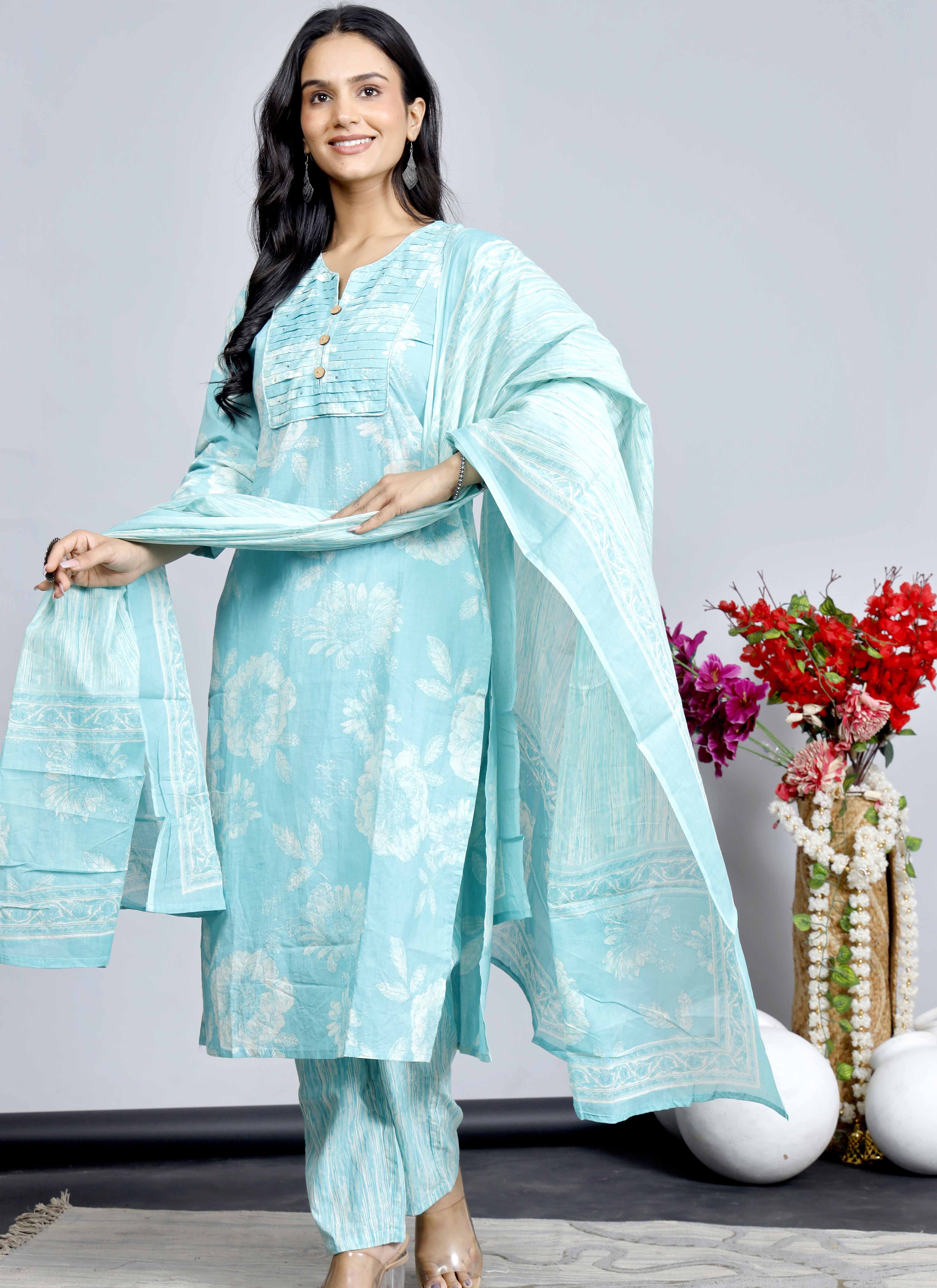 Blue Floral Cotton Kurta Set with Printed Dupatta – Traditional Ethnic Wear for Women