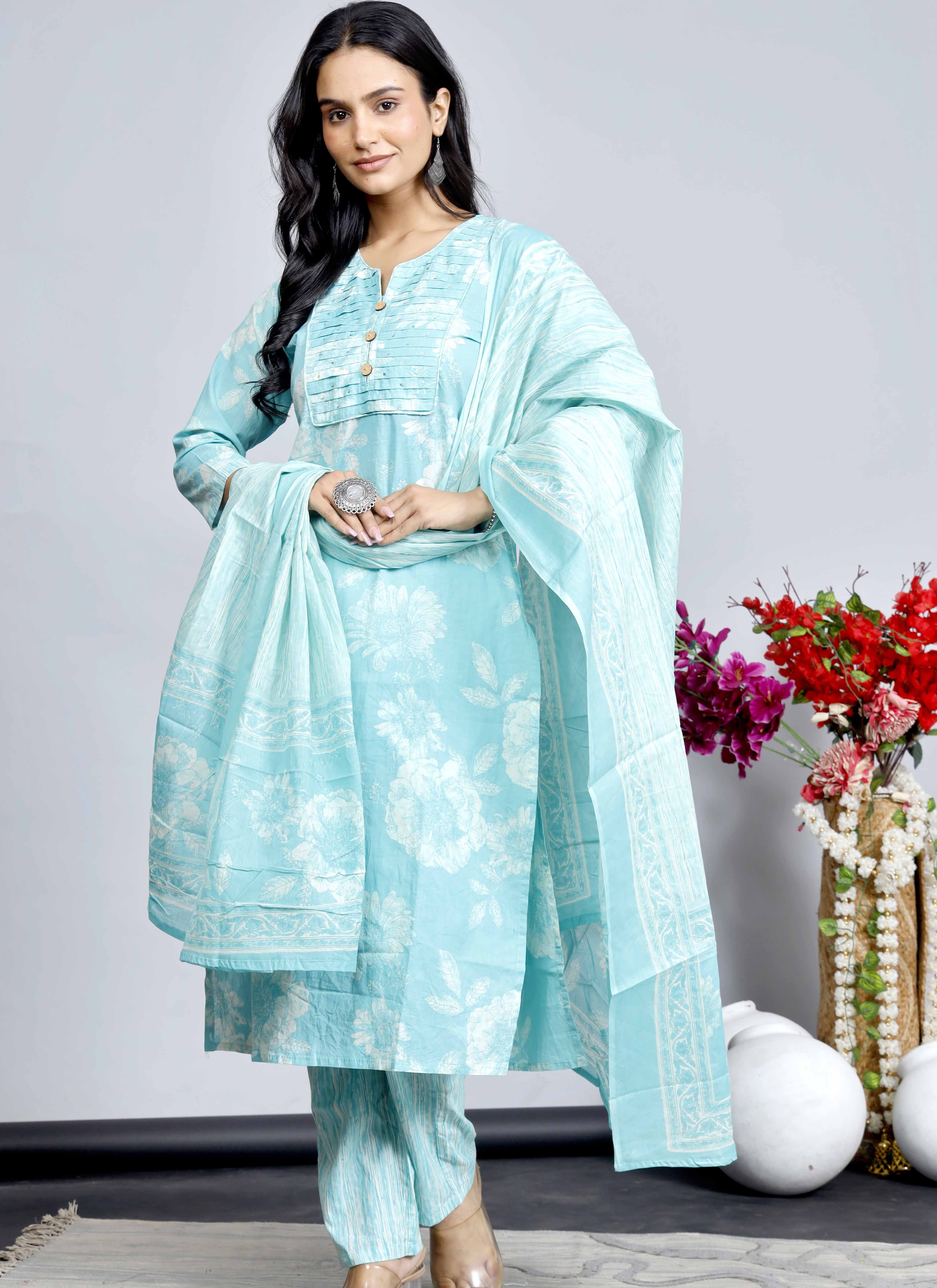 Blue Floral Cotton Kurta Set with Printed Dupatta – Traditional Ethnic Wear for Women