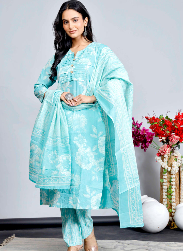 Blue Floral Cotton Kurta Set with Printed Dupatta – Traditional Ethnic Wear for Women