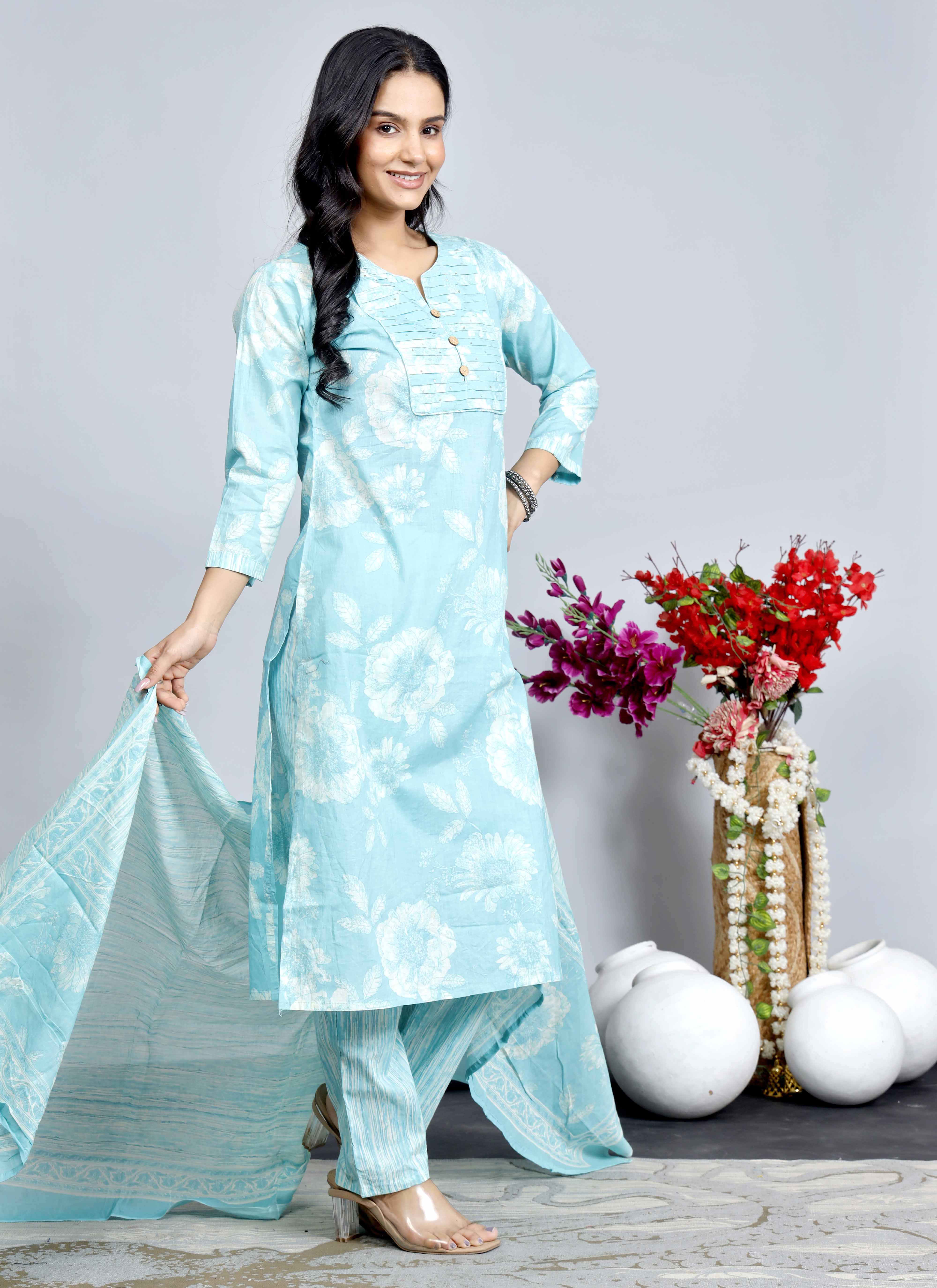Blue Floral Cotton Kurta Set with Printed Dupatta – Traditional Ethnic Wear for Women