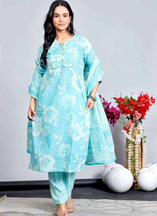 Blue Floral Cotton Kurta Set with Printed Dupatta – Traditional Ethnic Wear for Women