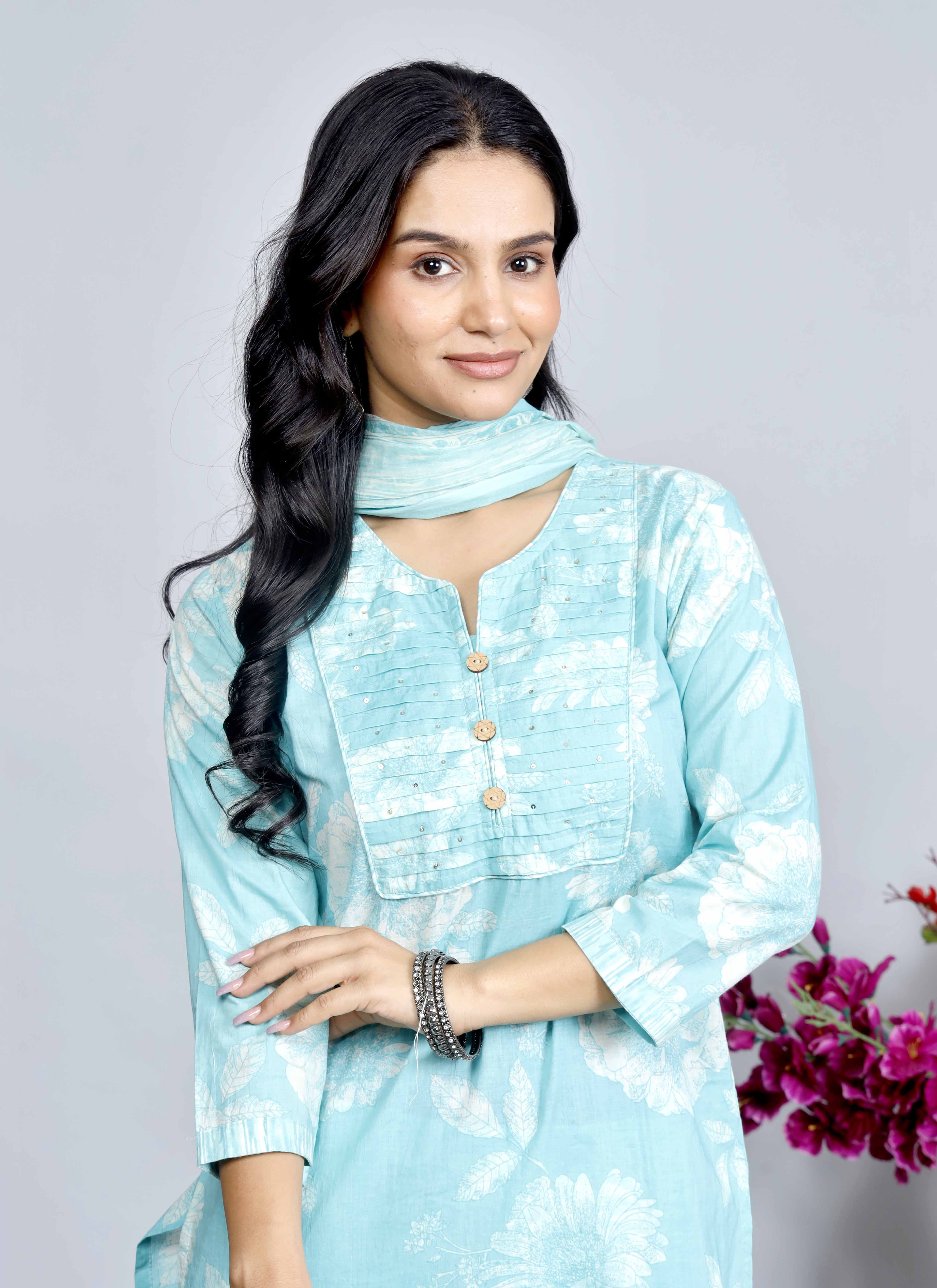 Blue Floral Cotton Kurta Set with Printed Dupatta – Traditional Ethnic Wear for Women