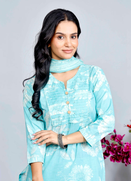 Blue Floral Cotton Kurta Set with Printed Dupatta – Traditional Ethnic Wear for Women