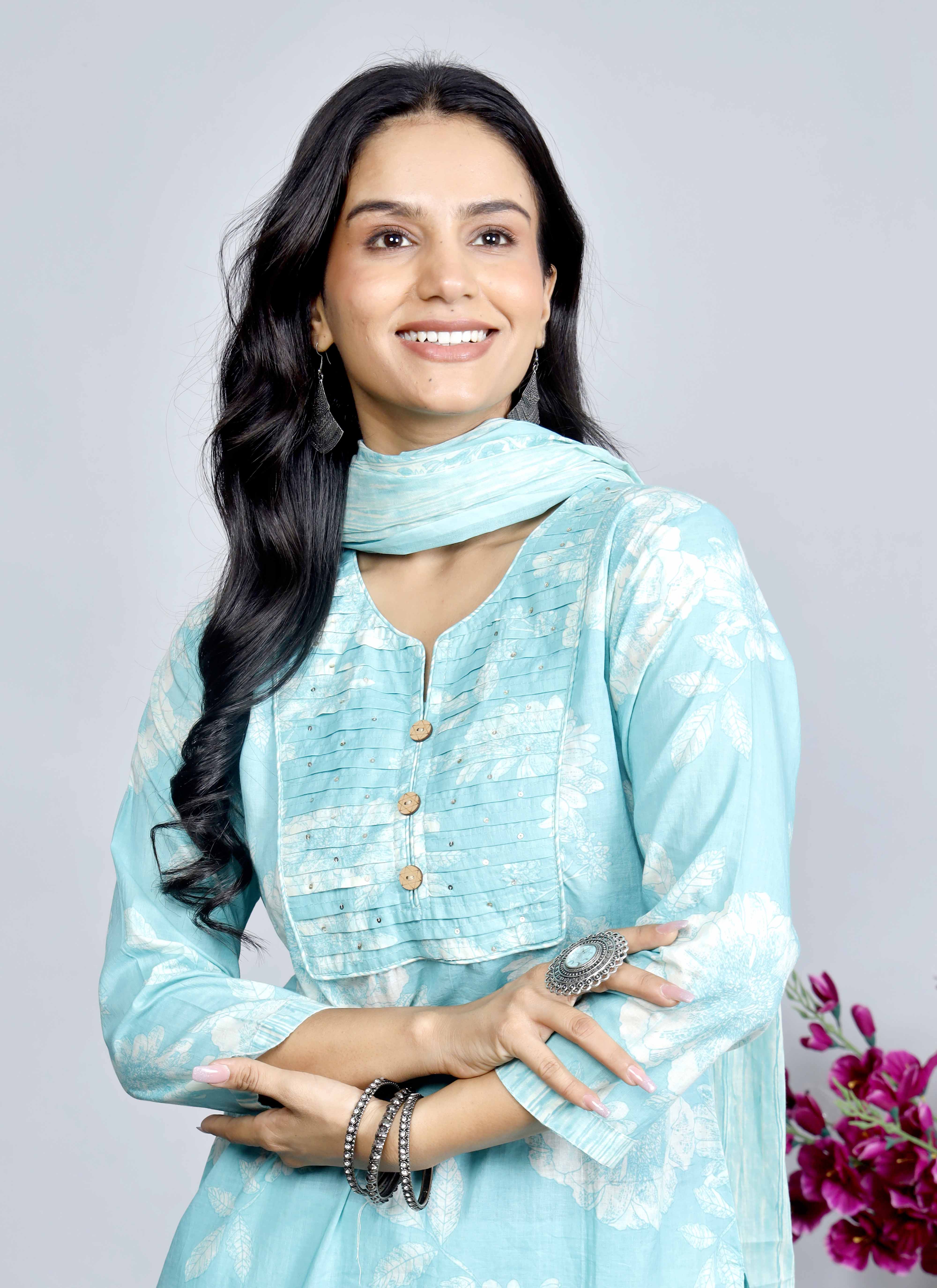 Blue Floral Cotton Kurta Set with Printed Dupatta – Traditional Ethnic Wear for Women