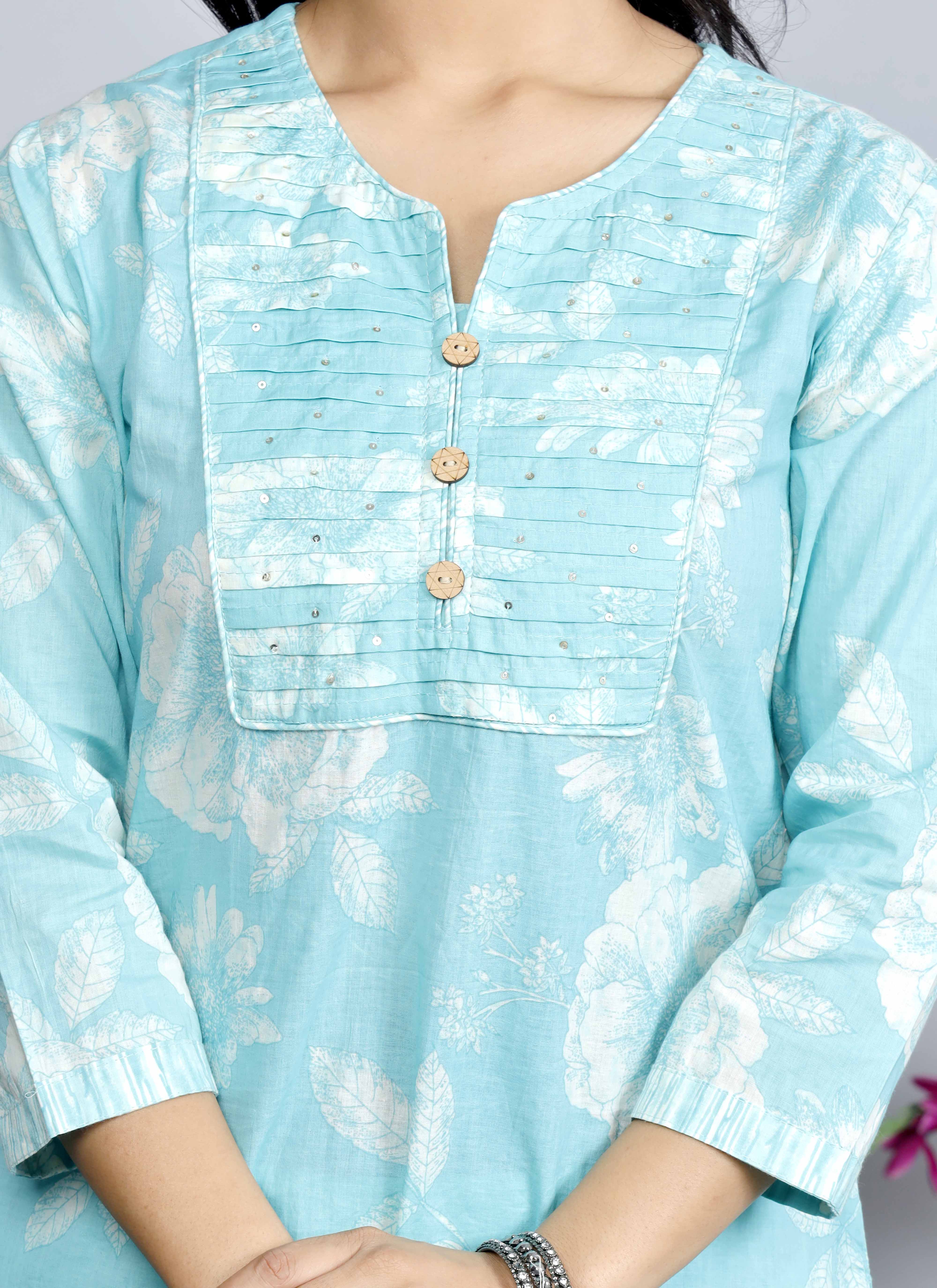 Blue Floral Cotton Kurta Set with Printed Dupatta – Traditional Ethnic Wear for Women