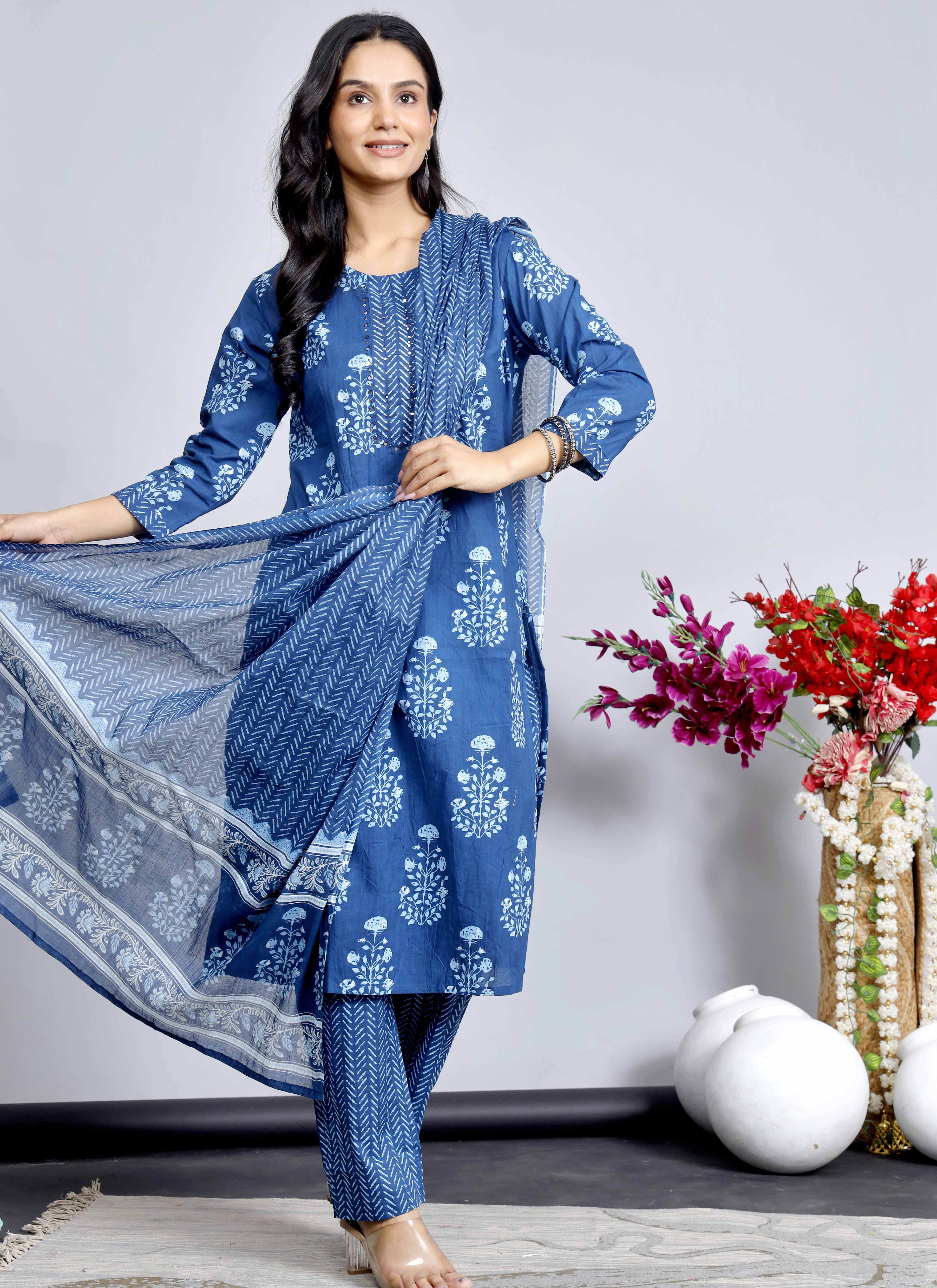 Classic Indigo Blue Floral Printed Cotton Kurta Set with Straight Pants – Elegant Everyday Ethnic Wear