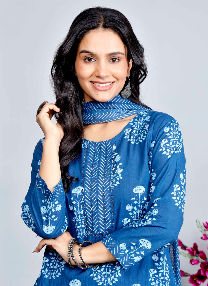 Classic Indigo Blue Floral Printed Cotton Kurta Set with Straight Pants – Elegant Everyday Ethnic Wear