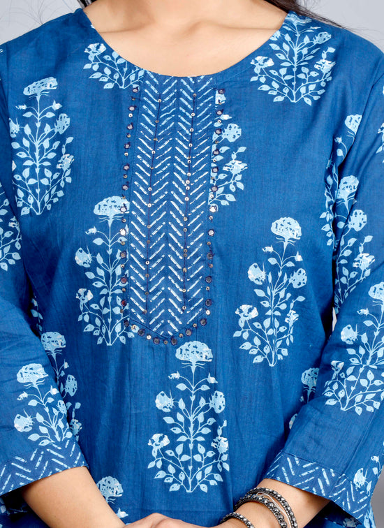 Classic Indigo Blue Floral Printed Cotton Kurta Set with Straight Pants – Elegant Everyday Ethnic Wear