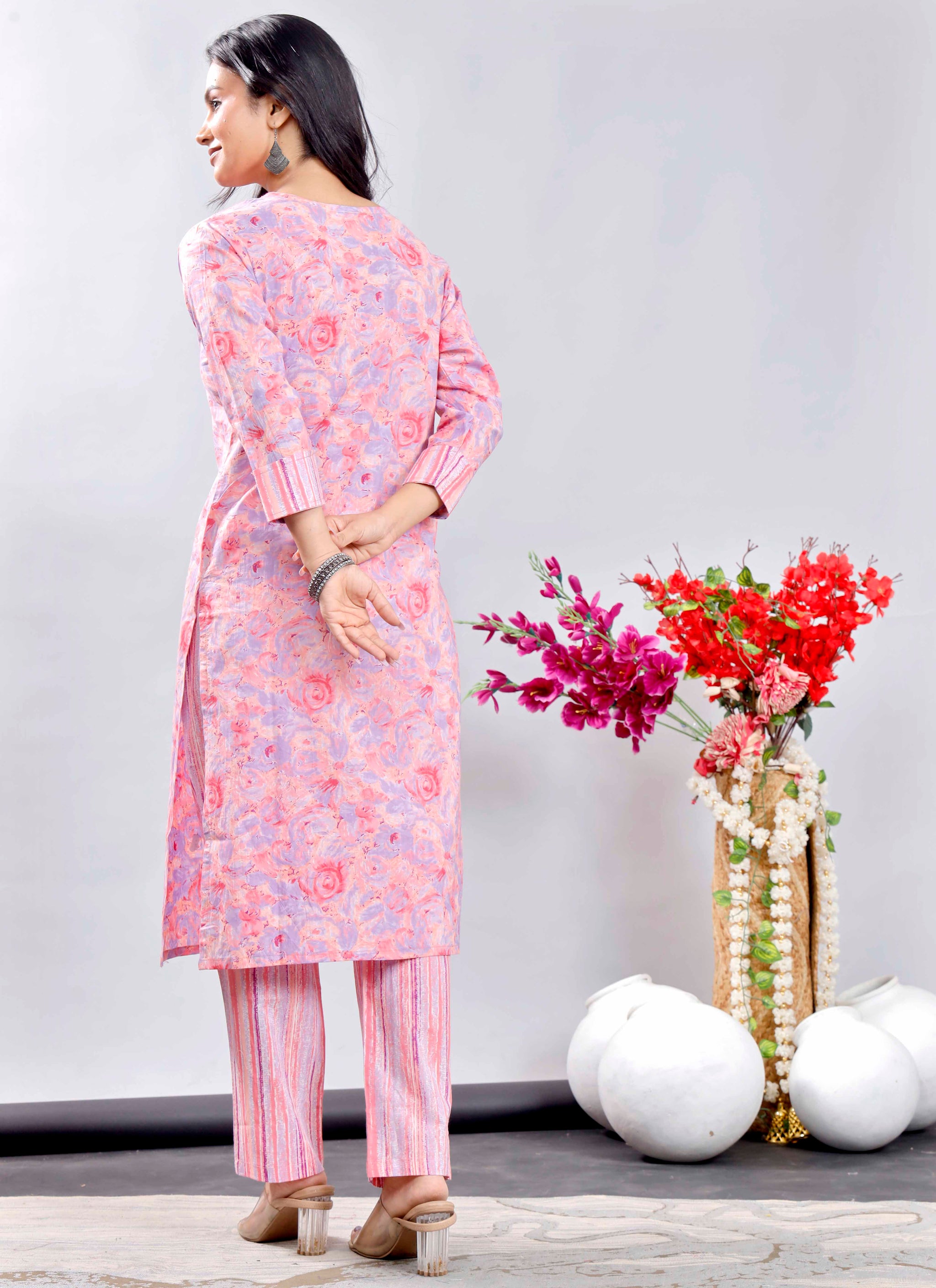 Pink Floral Cotton Suit Set with Printed Dupatta – Traditional Indian Ethnic Wear