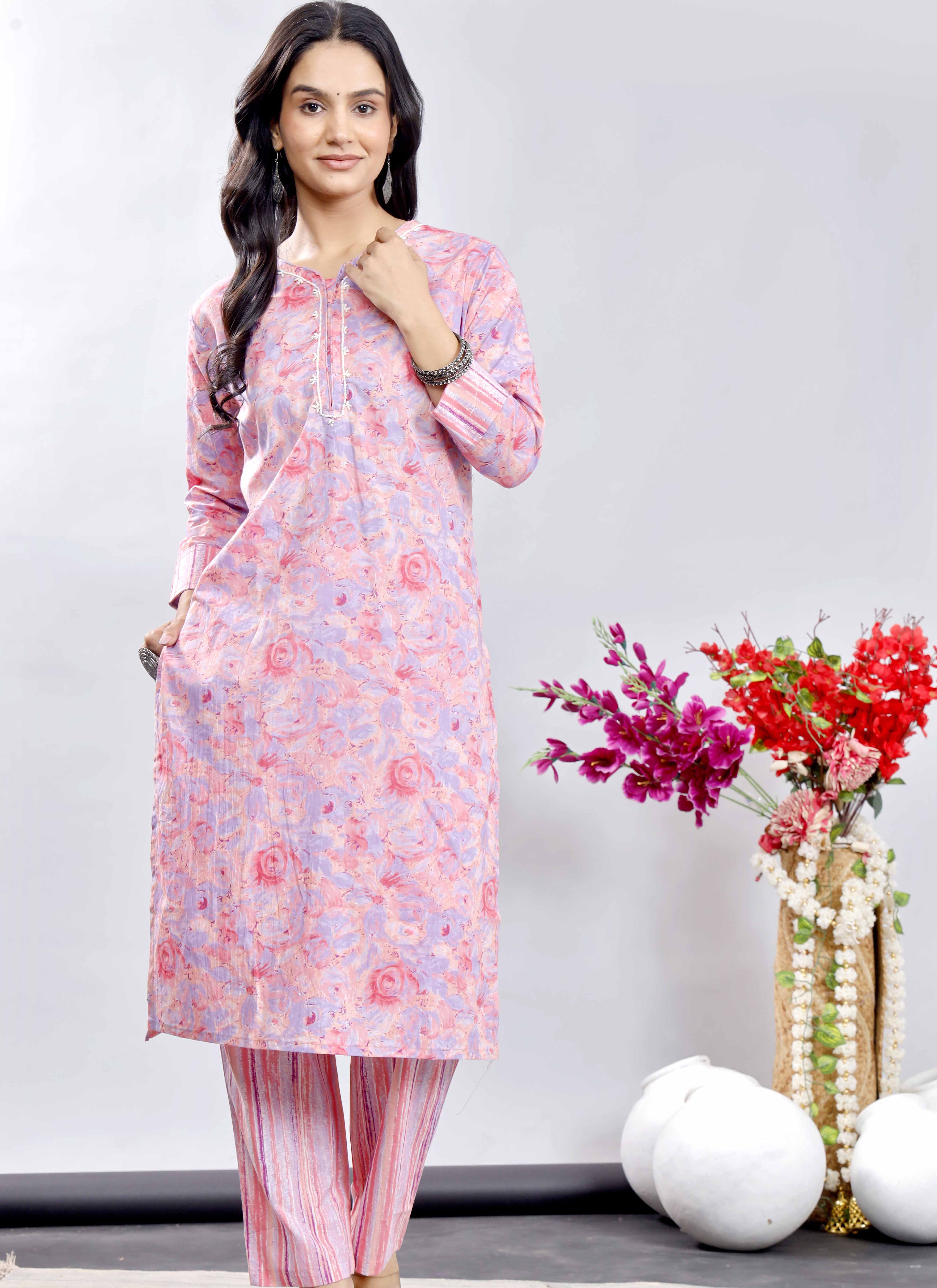 Pink Floral Cotton Suit Set with Printed Dupatta – Traditional Indian Ethnic Wear