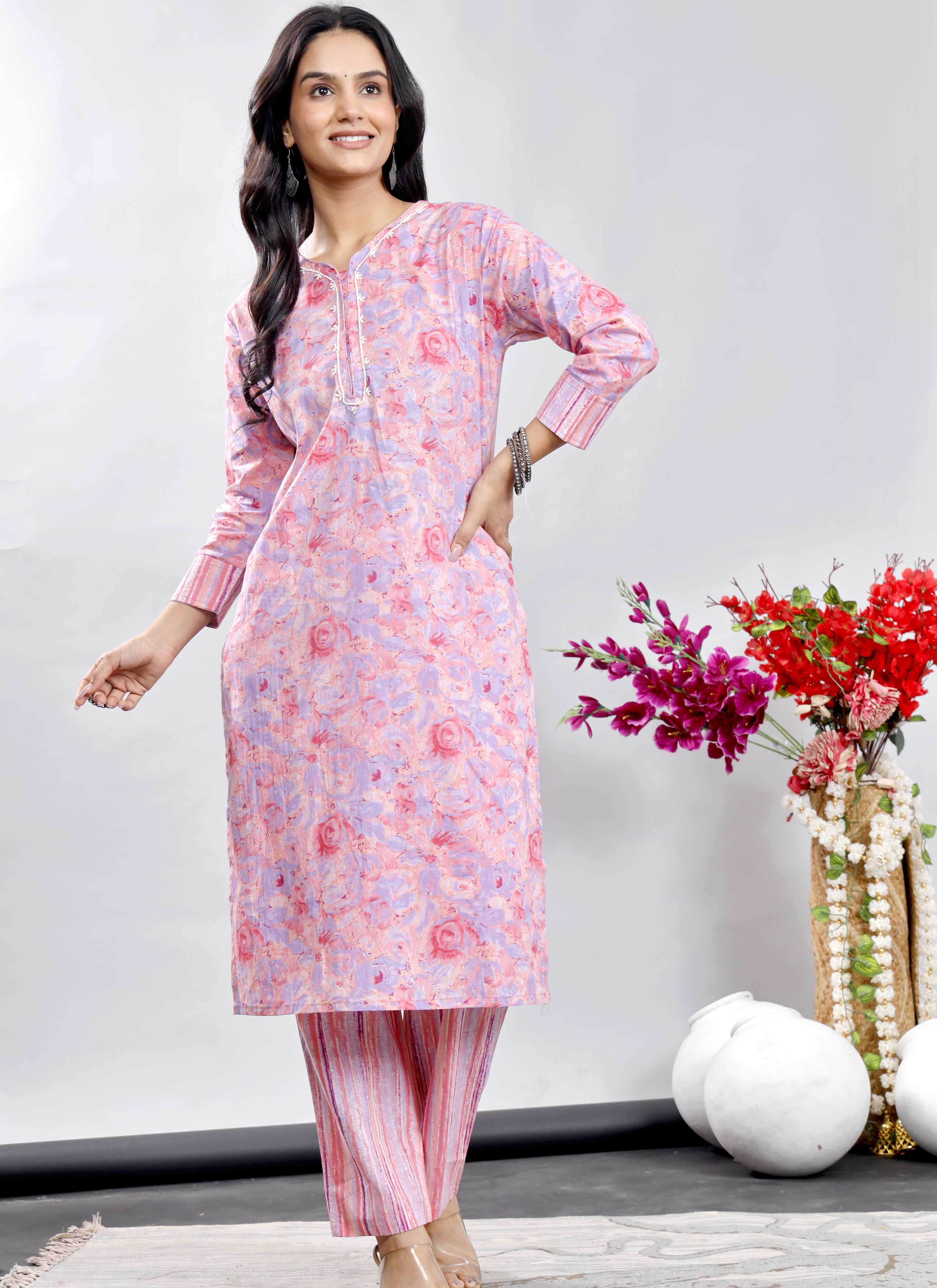 Pink Floral Cotton Suit Set with Printed Dupatta – Traditional Indian Ethnic Wear