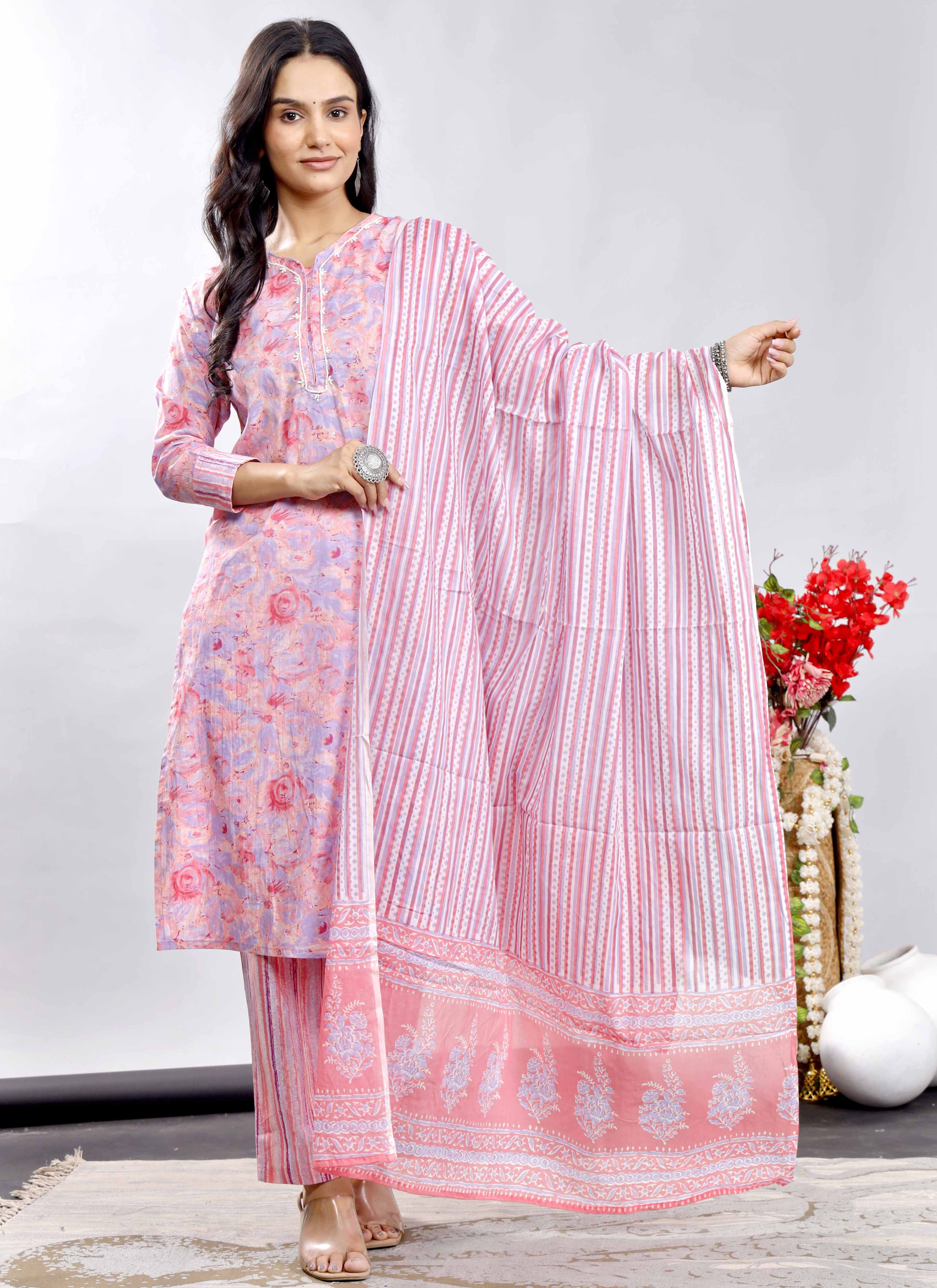 Pink Floral Cotton Suit Set with Printed Dupatta – Traditional Indian Ethnic Wear