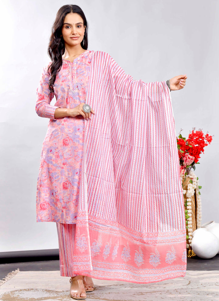 Pink Floral Cotton Suit Set with Printed Dupatta – Traditional Indian Ethnic Wear