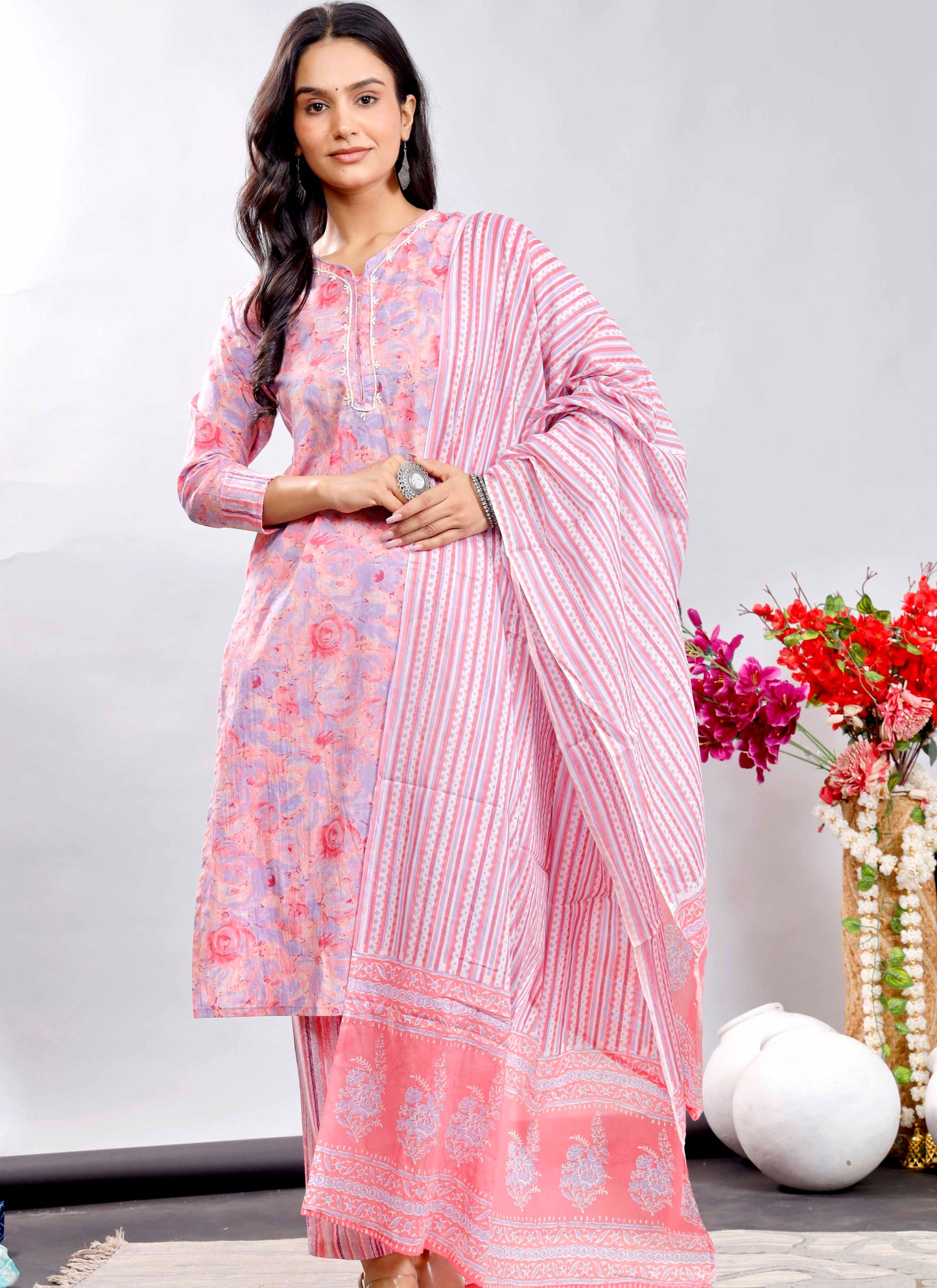 Pink Floral Cotton Suit Set with Printed Dupatta – Traditional Indian Ethnic Wear