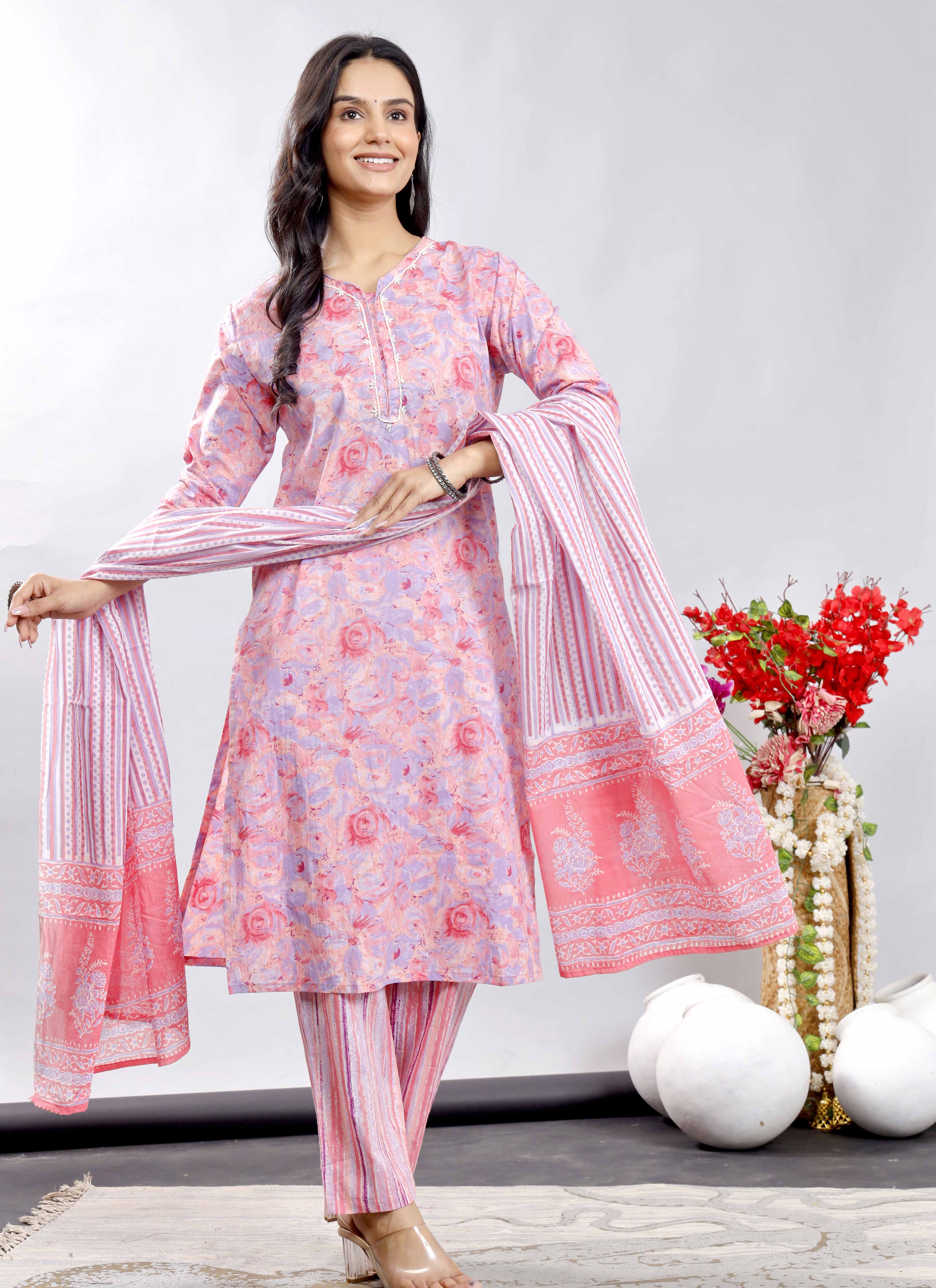Pink Floral Cotton Suit Set with Printed Dupatta – Traditional Indian Ethnic Wear