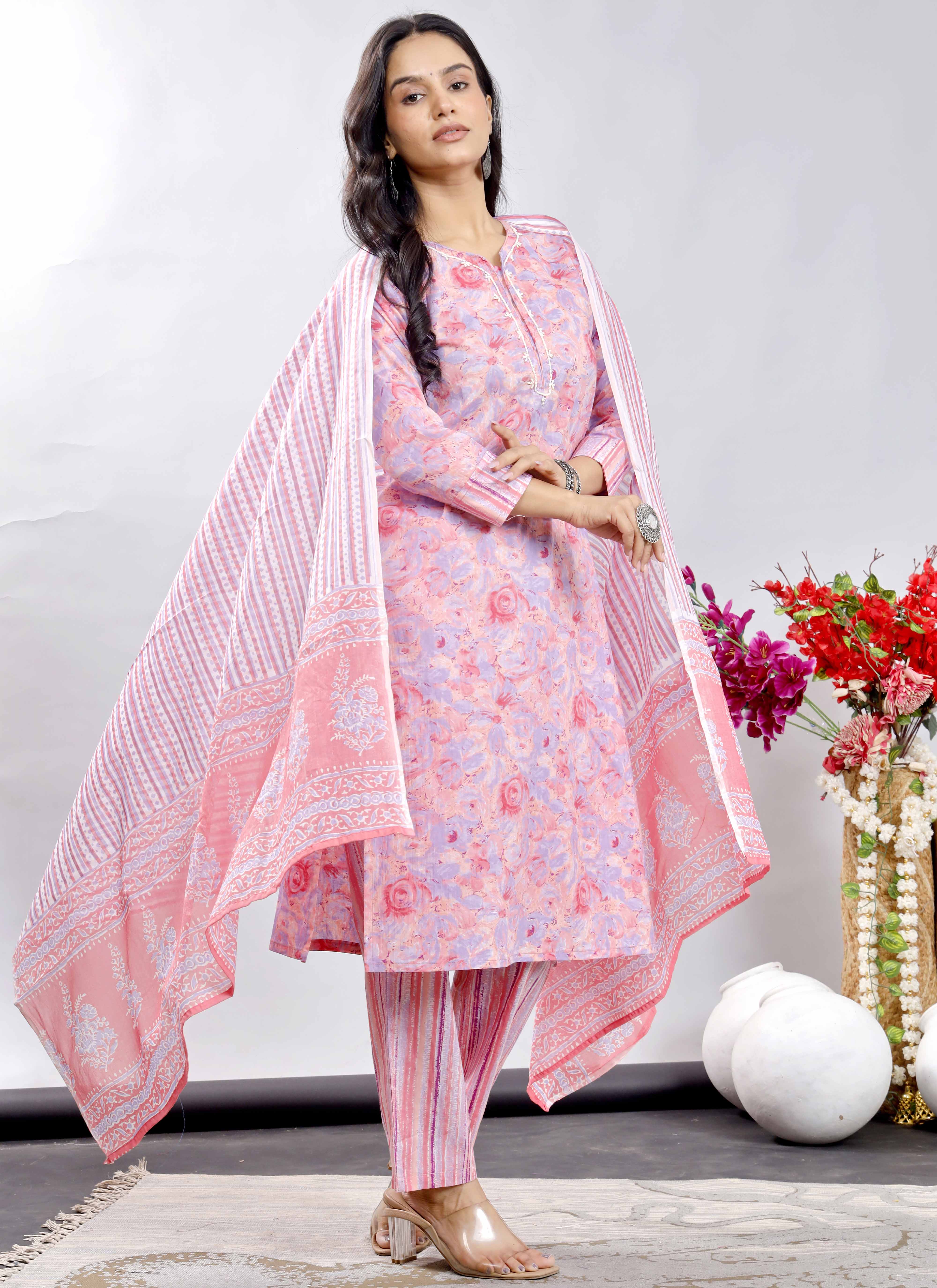 Pink Floral Cotton Suit Set with Printed Dupatta – Traditional Indian Ethnic Wear