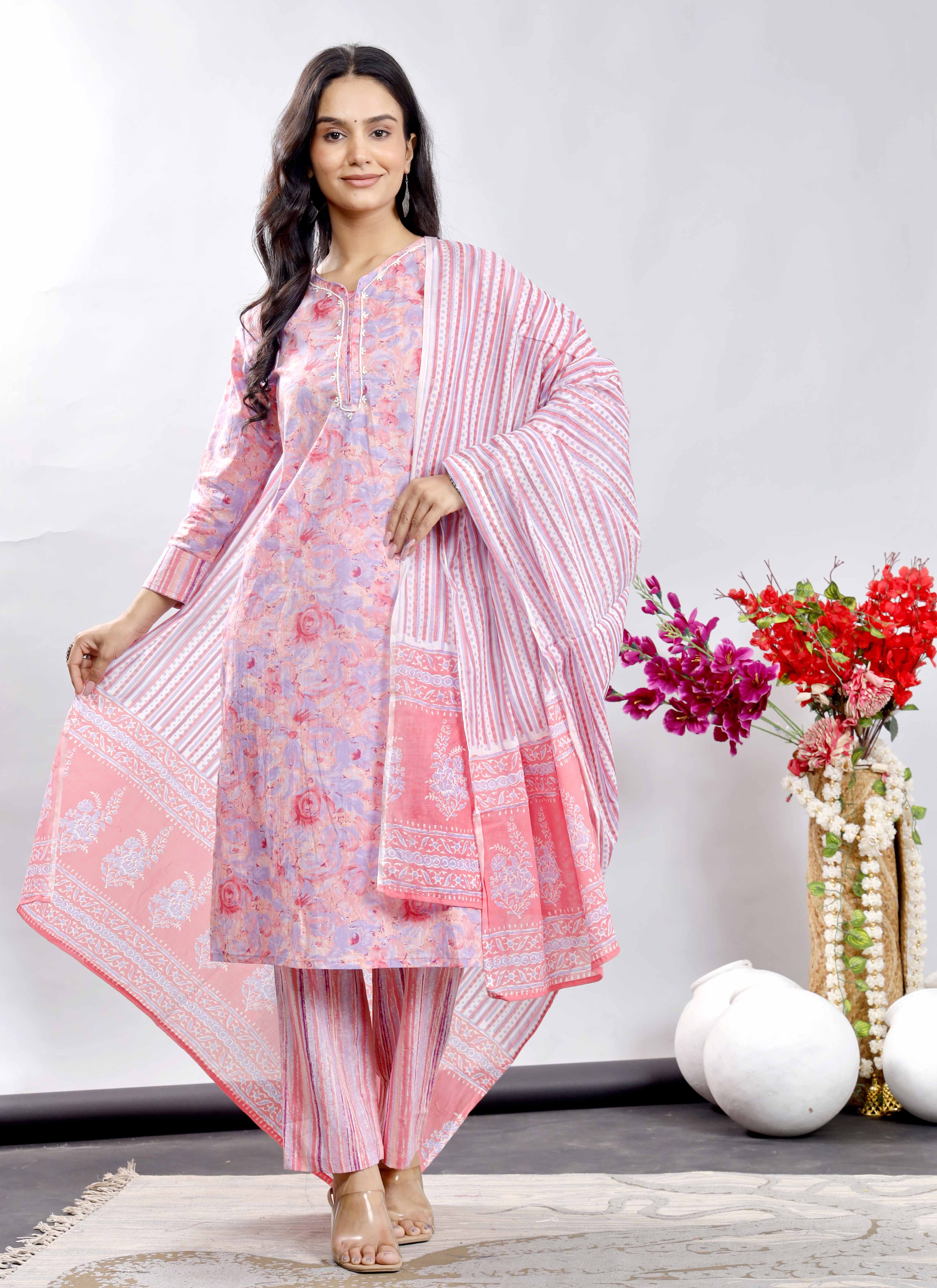 Pink Floral Cotton Suit Set with Printed Dupatta – Traditional Indian Ethnic Wear