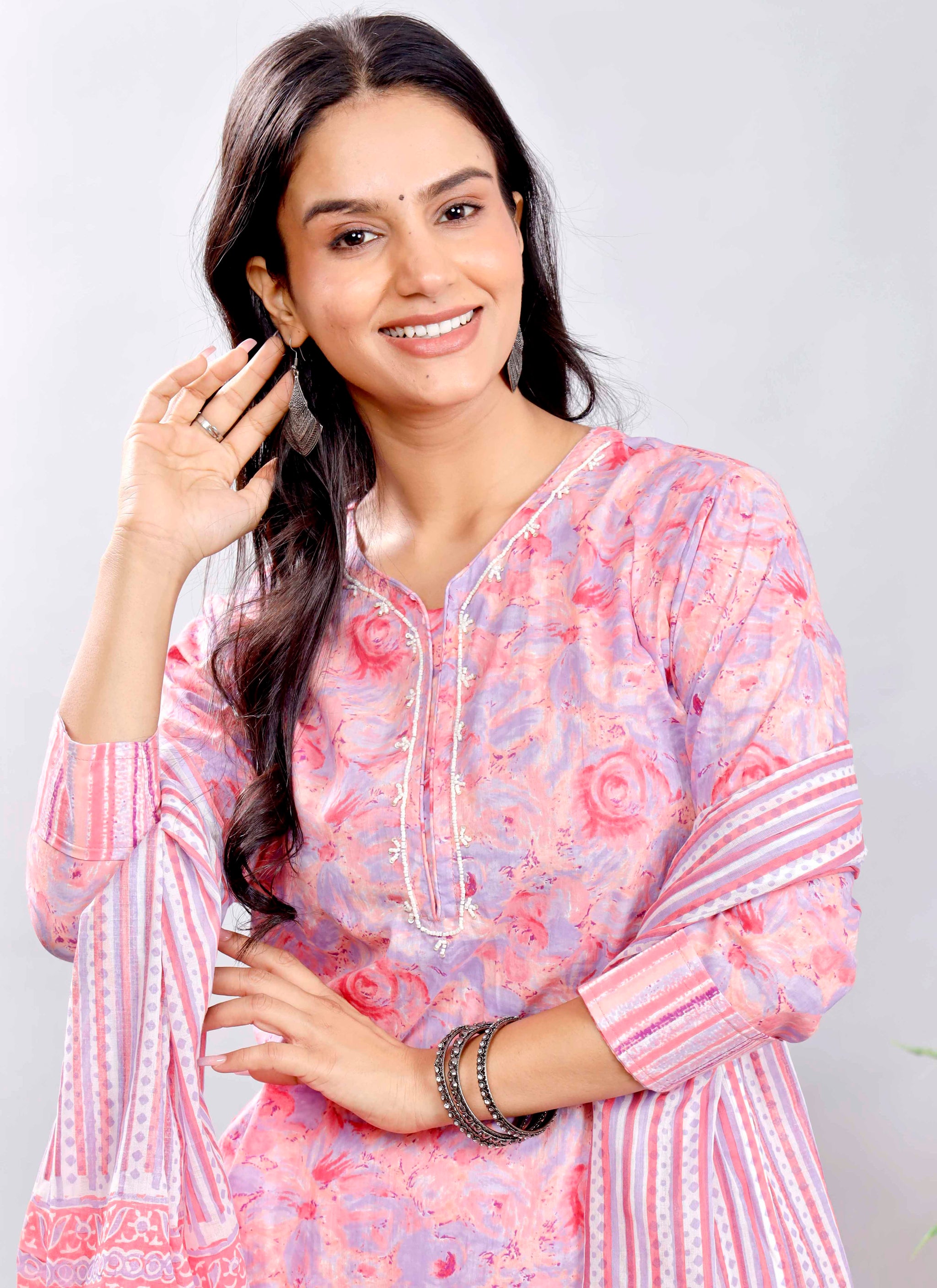 Pink Floral Cotton Suit Set with Printed Dupatta – Traditional Indian Ethnic Wear