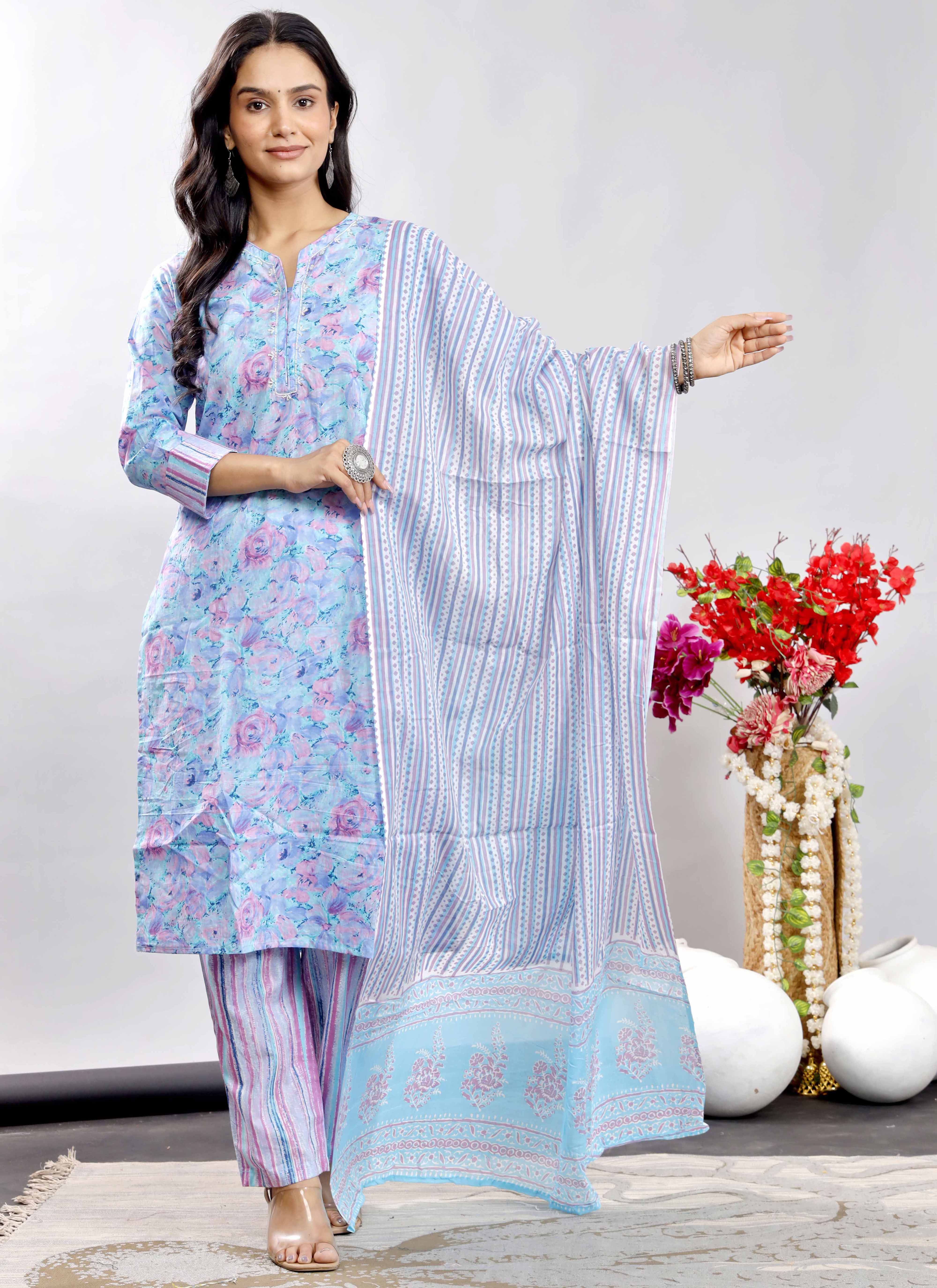 Sky Blue & Pink Floral Printed Cotton Kurta Set with Striped Dupatta – Elegant and Refreshing Ethnic Wear