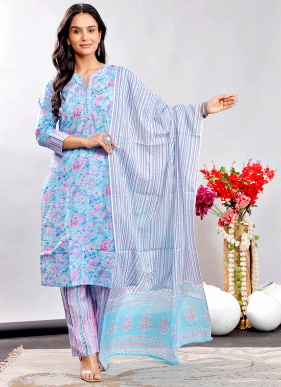 Sky Blue & Pink Floral Printed Cotton Kurta Set with Striped Dupatta – Elegant and Refreshing Ethnic Wear