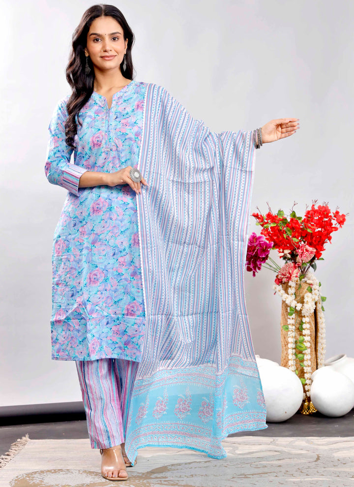 Sky Blue & Pink Floral Printed Cotton Kurta Set with Striped Dupatta – Elegant and Refreshing Ethnic Wear