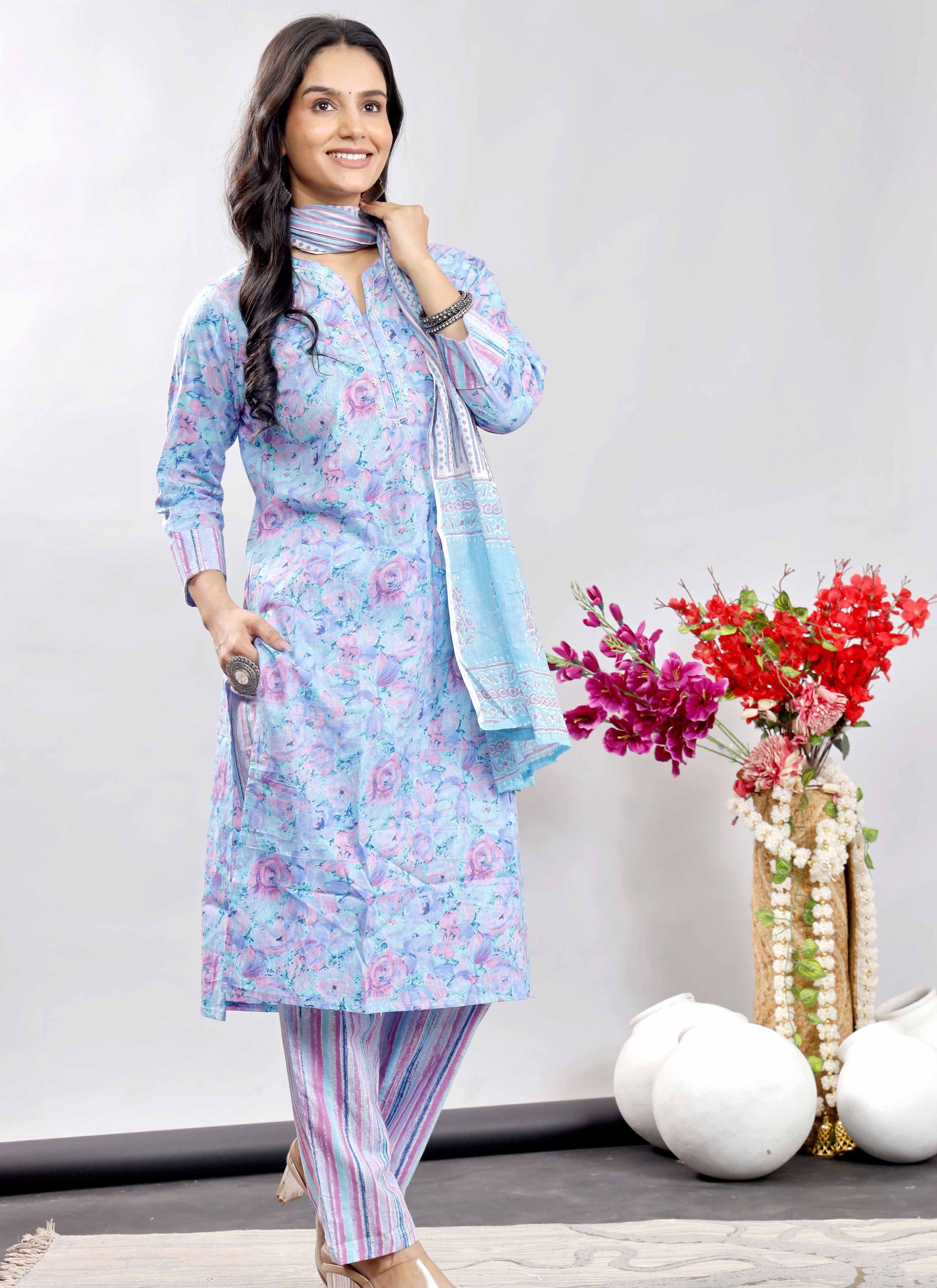 Sky Blue & Pink Floral Printed Cotton Kurta Set with Striped Dupatta – Elegant and Refreshing Ethnic Wear