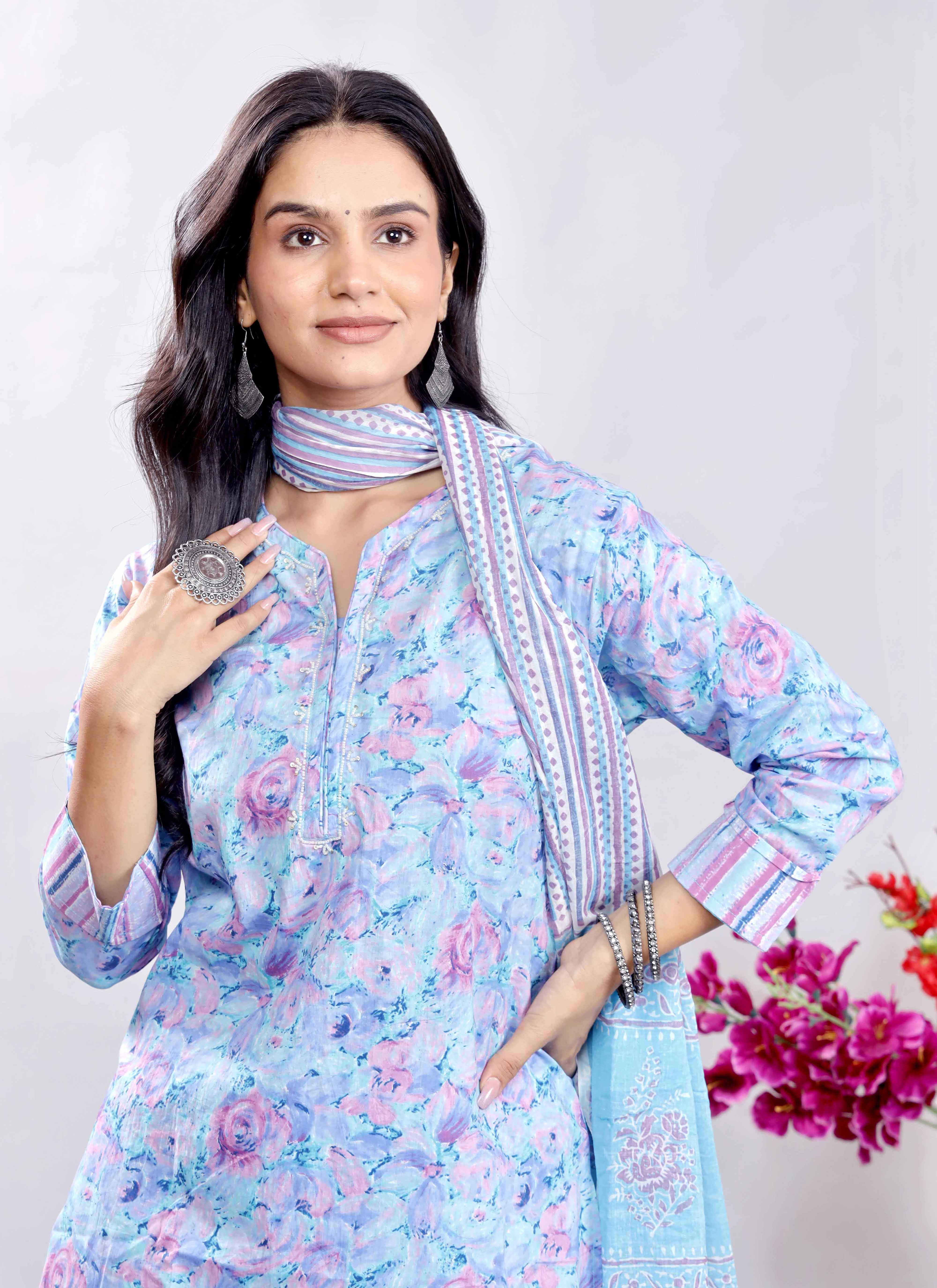 Sky Blue & Pink Floral Printed Cotton Kurta Set with Striped Dupatta – Elegant and Refreshing Ethnic Wear