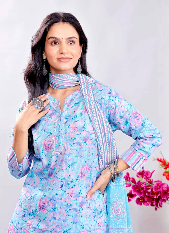 Sky Blue & Pink Floral Printed Cotton Kurta Set with Striped Dupatta – Elegant and Refreshing Ethnic Wear