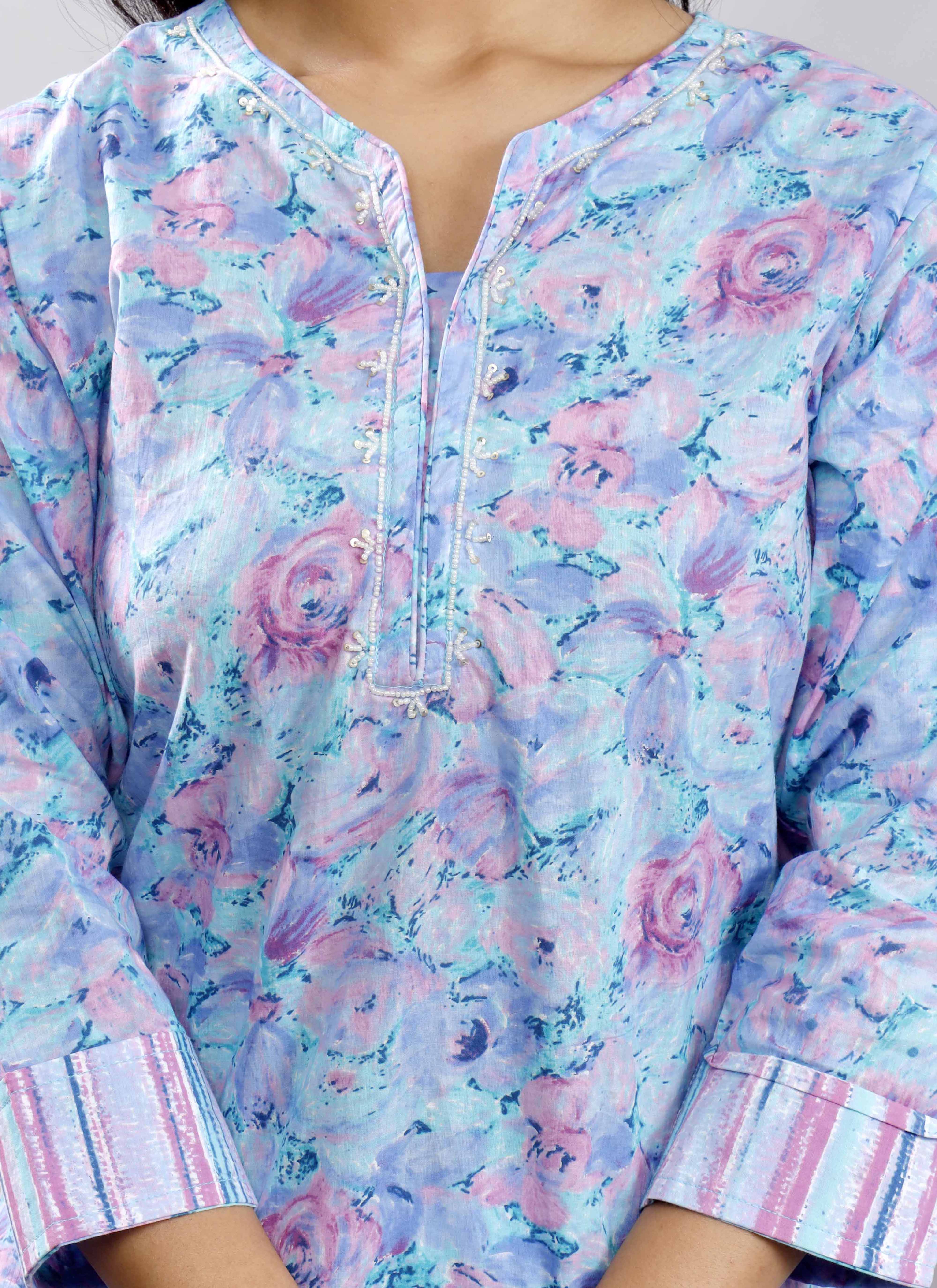 Sky Blue & Pink Floral Printed Cotton Kurta Set with Striped Dupatta – Elegant and Refreshing Ethnic Wear