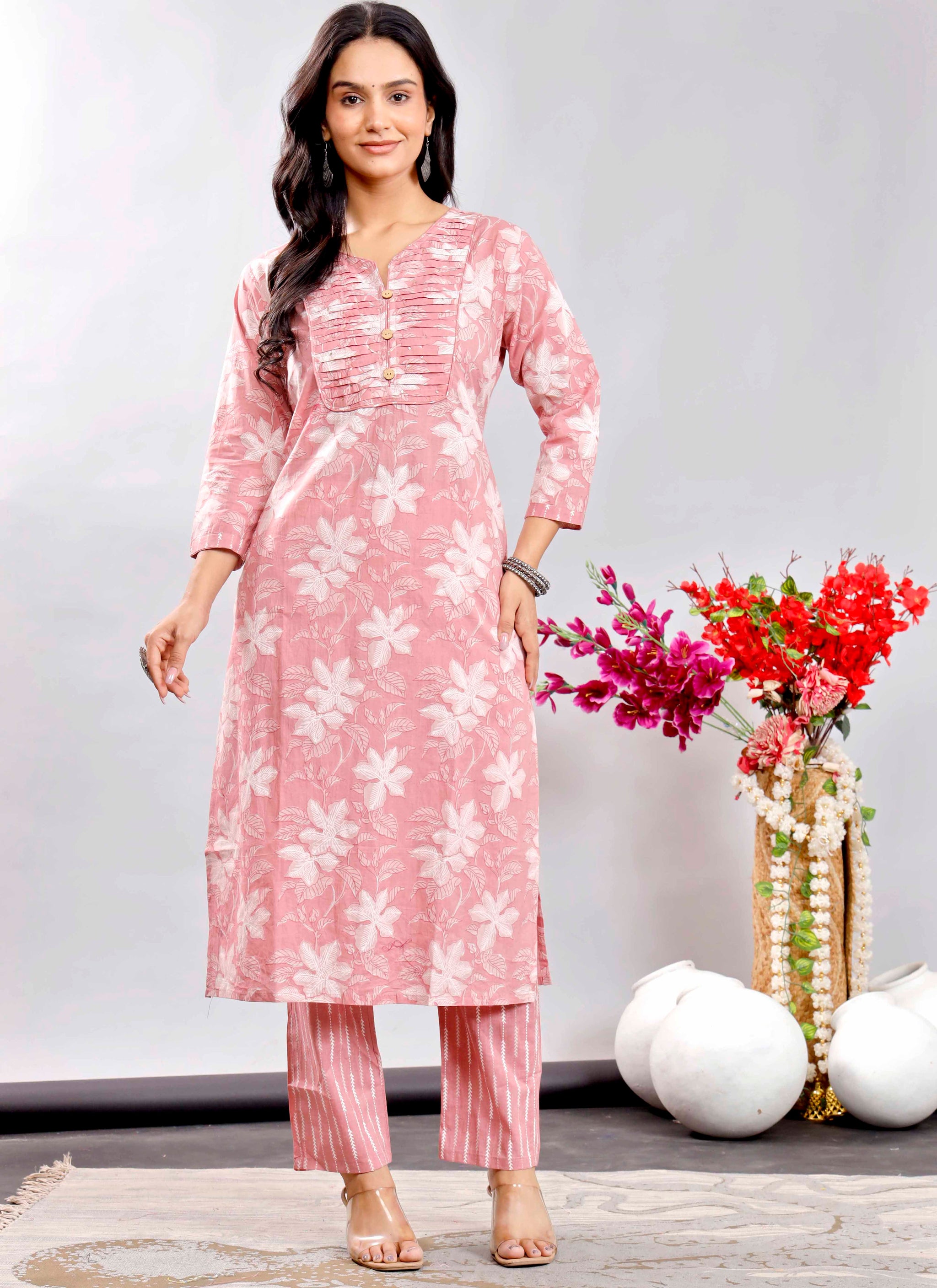 Blush Pink Floral Printed Cotton Kurta Set with Striped Dupatta – Graceful and Breezy Ethnic Ensemble